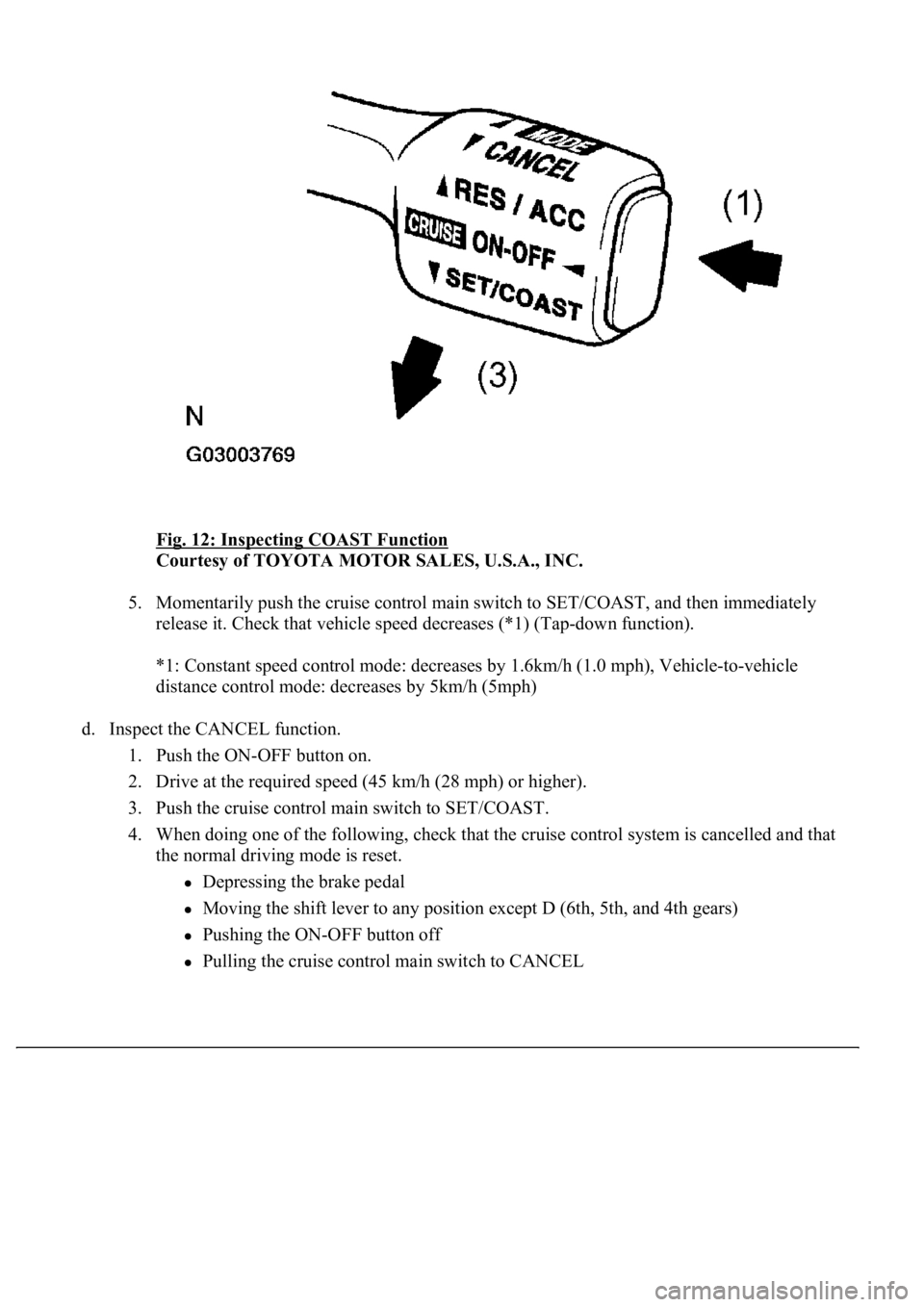 LEXUS LS430 2003 Factory Repair Manual Fig. 12: Inspecting COAST Function
Courtesy of TOYOTA MOTOR SALES, U.S.A., INC.
5. Momentarily push the cruise control main switch to SET/COAST, and then immediately
release it. Check that vehicle LEXUS LS430 2003 Factory Repair Manual Fig. 12: Inspecting COAST Function
Courtesy of TOYOTA MOTOR SALES, U.S.A., INC.
5. Momentarily push the cruise control main switch to SET/COAST, and then immediately
release it. Check that vehicle