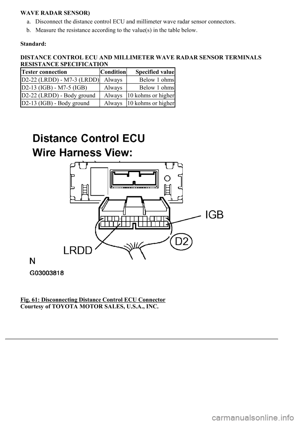 LEXUS LS430 2003 Factory Repair Manual WAVE RADAR SENSOR)
a. Disconnect the distance control ECU and millimeter wave radar sensor connectors.
b. Measure the resistance according to the value(s) in the table below.
Standard:
DISTANCE LEXUS LS430 2003 Factory Repair Manual WAVE RADAR SENSOR)
a. Disconnect the distance control ECU and millimeter wave radar sensor connectors.
b. Measure the resistance according to the value(s) in the table below.
Standard:
DISTANCE