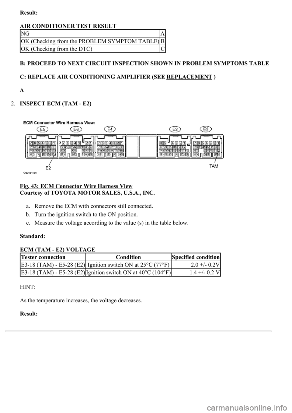 LEXUS LS430 2003  Factory Repair Manual Result:  
AIR CONDITIONER TEST RESULT 
B: PROCEED TO NEXT CIRCUIT INSPECTION SHOWN IN PROBLEM SYMPTOMS TABLE
C: REPLACE AIR CONDITIONING AMPLIFIER (SEE REPLACEMENT )  
A  
2.INSPECT ECM (TAM - E2) 
Fi