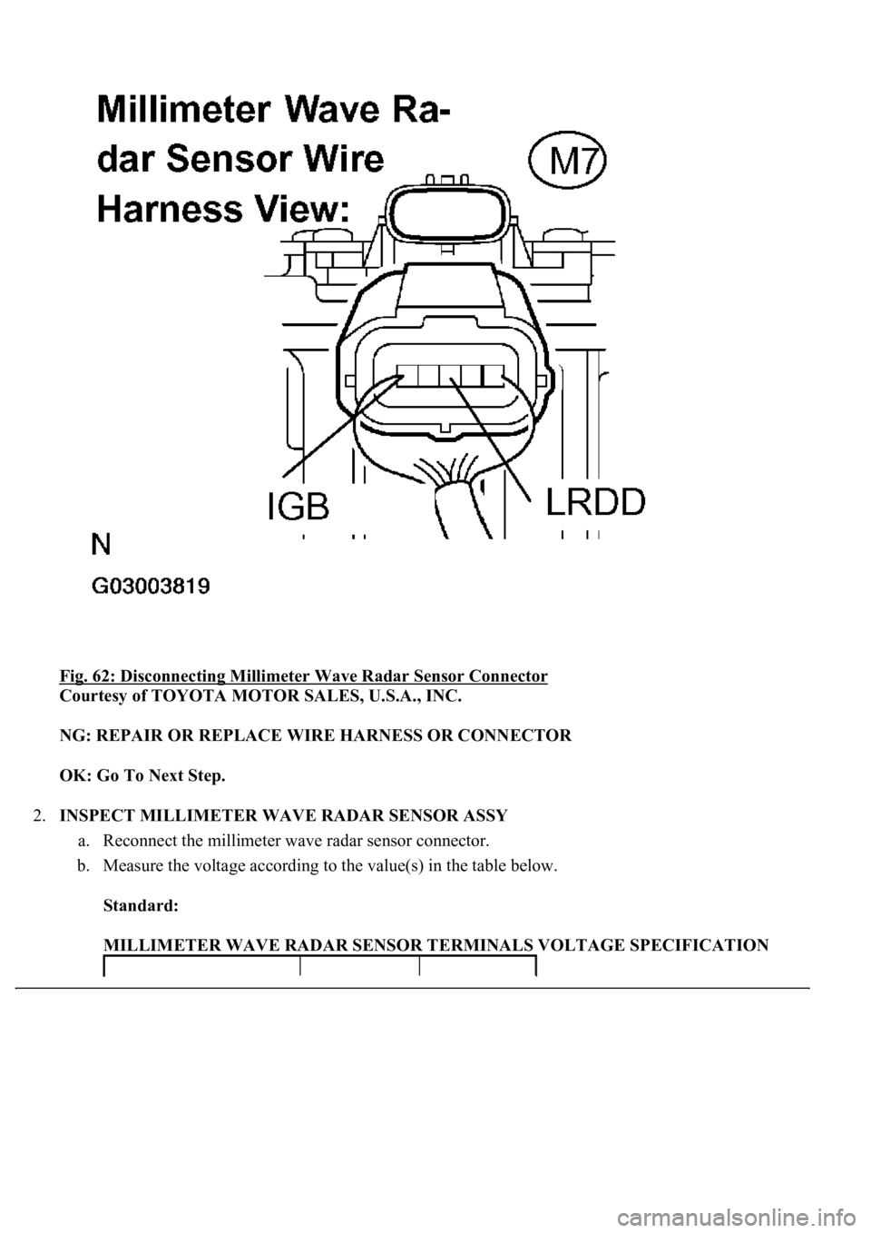 LEXUS LS430 2003 Factory Repair Manual Fig. 62: Disconnecting Millimeter Wave Radar Sensor Connector
Courtesy of TOYOTA MOTOR SALES, U.S.A., INC.
NG: REPAIR OR REPLACE WIRE HARNESS OR CONNECTOR
OK: Go To Next Step.
2.INSPECT MILLIMET LEXUS LS430 2003 Factory Repair Manual Fig. 62: Disconnecting Millimeter Wave Radar Sensor Connector
Courtesy of TOYOTA MOTOR SALES, U.S.A., INC.
NG: REPAIR OR REPLACE WIRE HARNESS OR CONNECTOR
OK: Go To Next Step.
2.INSPECT MILLIMET