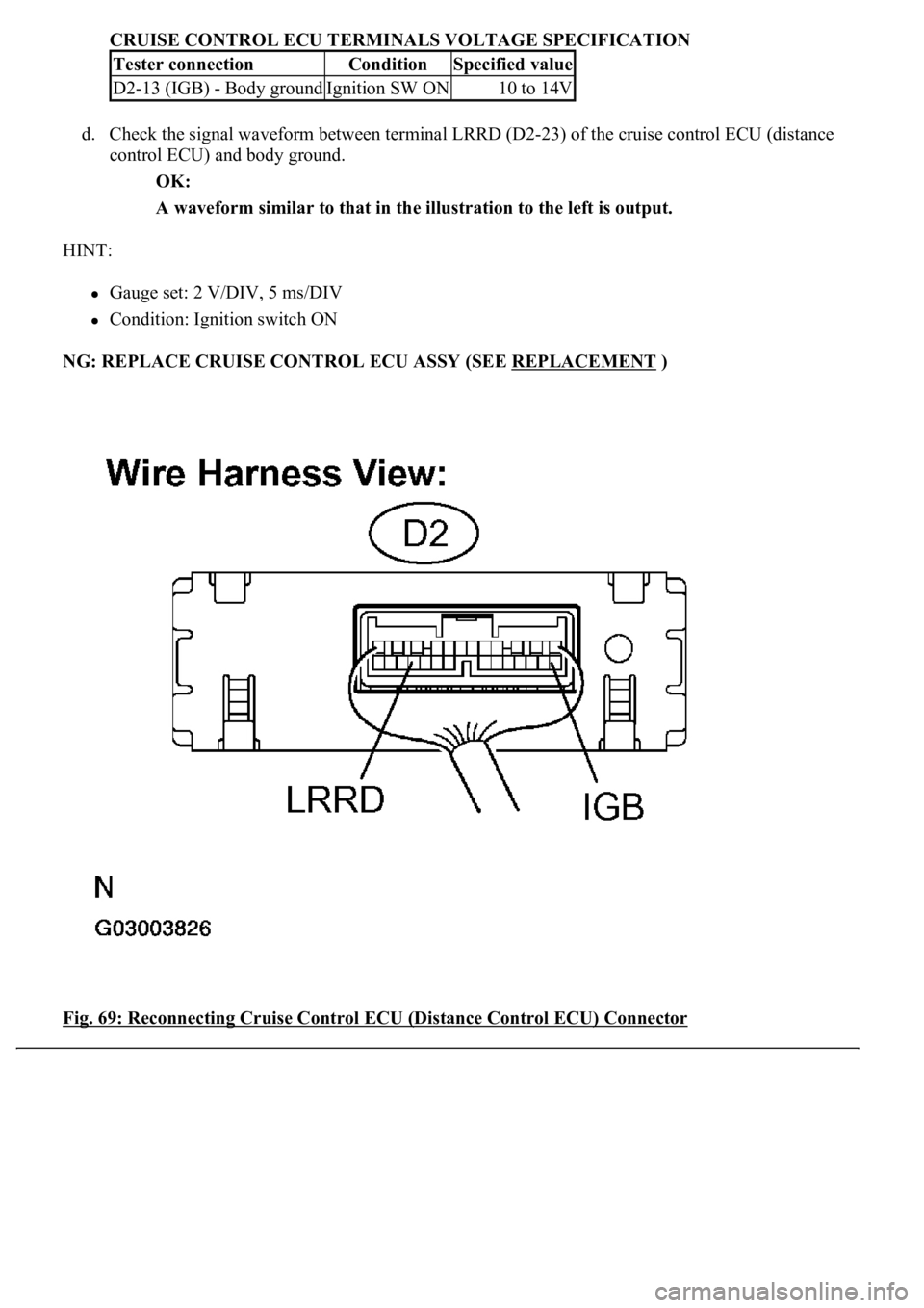LEXUS LS430 2003  Factory Repair Manual CRUISE CONTROL ECU TERMINALS VOLTAGE SPECIFICATION 
d. Check the signal waveform between terminal LRRD (D2-23) of the cruise control ECU (distance 
control ECU) and body ground. 
OK:  
A waveform simi