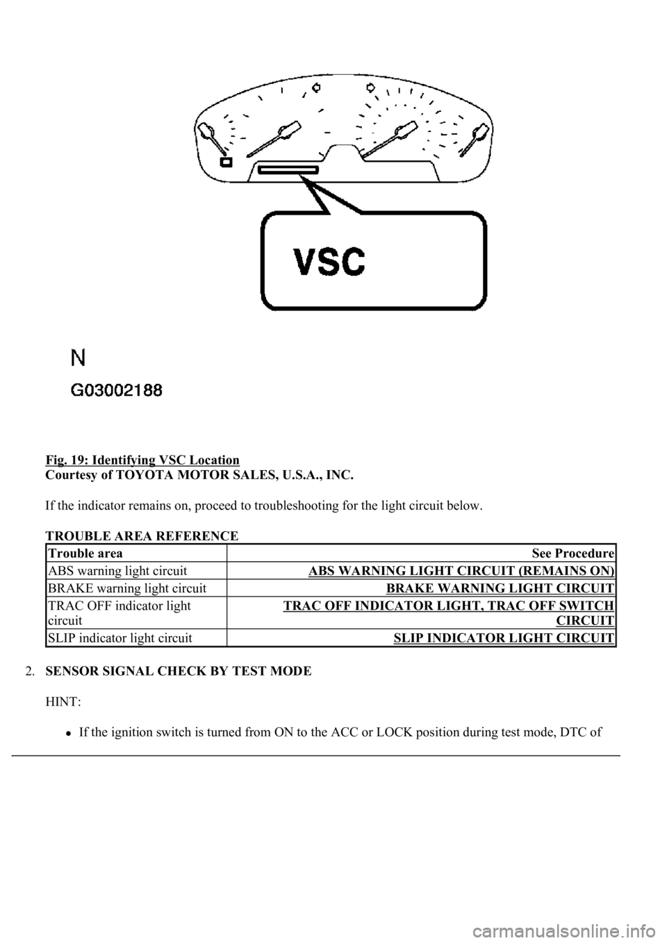 LEXUS LS430 2003 Factory User Guide Fig. 19: Identifying VSC Location
Courtesy of TOYOTA MOTOR SALES, U.S.A., INC.
If the indicator remains on, proceed to troubleshooting for the light circuit below.
TROUBLE AREA REFERENCE
2.SENSOR LEXUS LS430 2003 Factory User Guide Fig. 19: Identifying VSC Location
Courtesy of TOYOTA MOTOR SALES, U.S.A., INC.
If the indicator remains on, proceed to troubleshooting for the light circuit below.
TROUBLE AREA REFERENCE
2.SENSOR