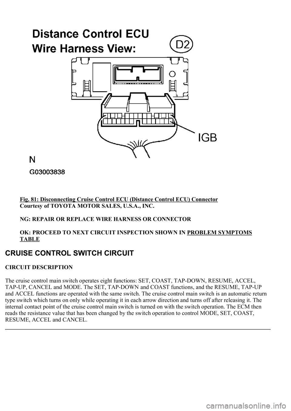 LEXUS LS430 2003  Factory Repair Manual Fig. 81: Disconnecting Cruise Control ECU (Distance Control ECU) Connector 
Courtesy of TOYOTA MOTOR SALES, U.S.A., INC. 
NG: REPAIR OR REPLACE WIRE HARNESS OR CONNECTOR  
OK: PROCEED TO NEXT CIRCUIT 