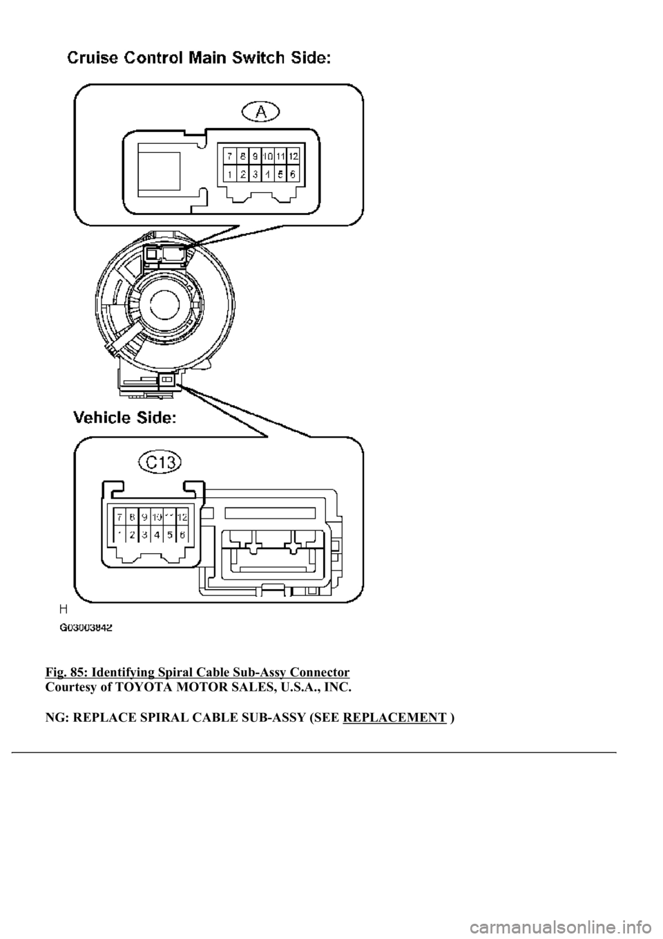 LEXUS LS430 2003 Factory Repair Manual Fig. 85: Identifying Spiral Cable Sub-Assy Connector
Courtesy of TOYOTA MOTOR SALES, U.S.A., INC.
NG: REPLACE SPIRAL CABLE SUB-ASSY (SEE REPLACEMENT
) LEXUS LS430 2003 Factory Repair Manual Fig. 85: Identifying Spiral Cable Sub-Assy Connector
Courtesy of TOYOTA MOTOR SALES, U.S.A., INC.
NG: REPLACE SPIRAL CABLE SUB-ASSY (SEE REPLACEMENT
)