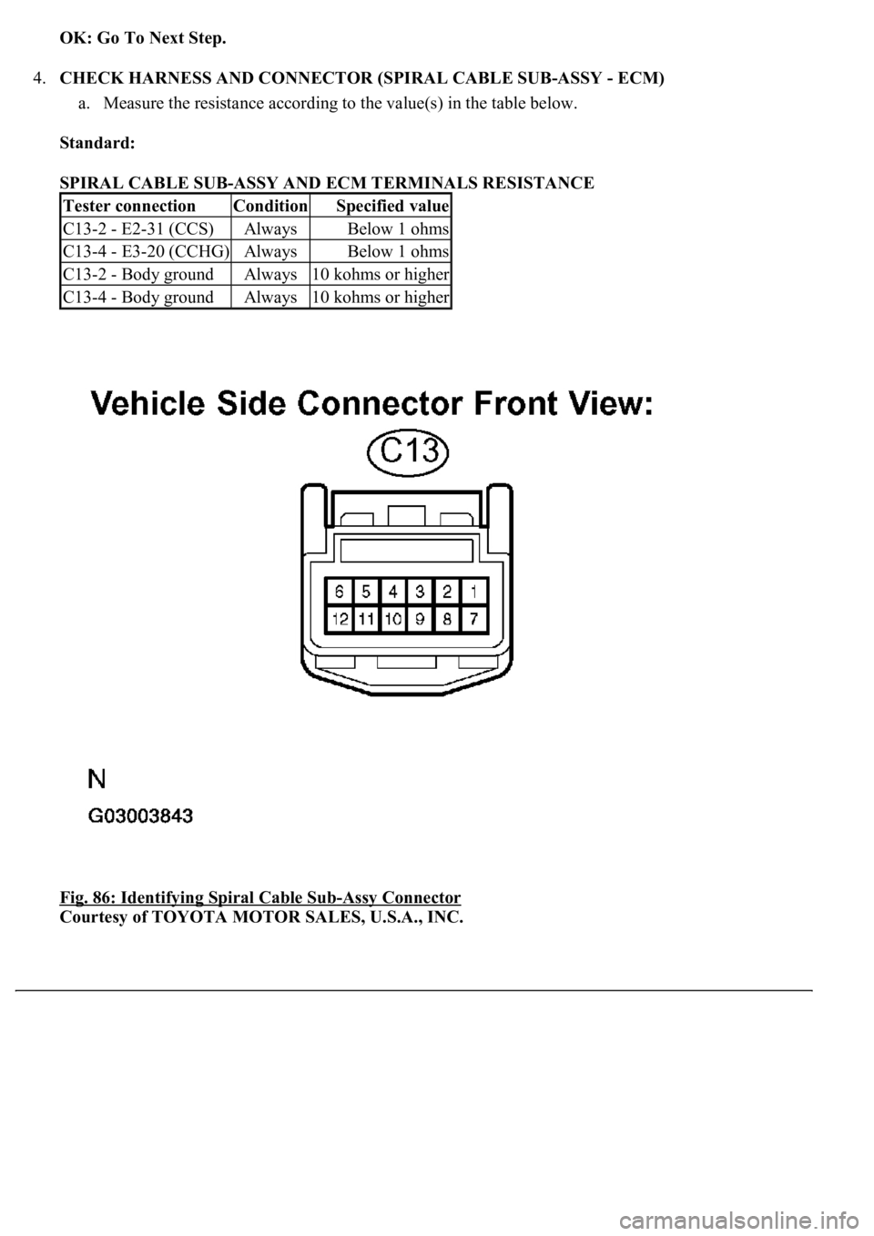 LEXUS LS430 2003 Factory Repair Manual OK: Go To Next Step.
4.CHECK HARNESS AND CONNECTOR (SPIRAL CABLE SUB-ASSY - ECM)
a. Measure the resistance according to the value(s) in the table below.
Standard:
SPIRAL CABLE SUB-ASSY AND ECM T LEXUS LS430 2003 Factory Repair Manual OK: Go To Next Step.
4.CHECK HARNESS AND CONNECTOR (SPIRAL CABLE SUB-ASSY - ECM)
a. Measure the resistance according to the value(s) in the table below.
Standard:
SPIRAL CABLE SUB-ASSY AND ECM T