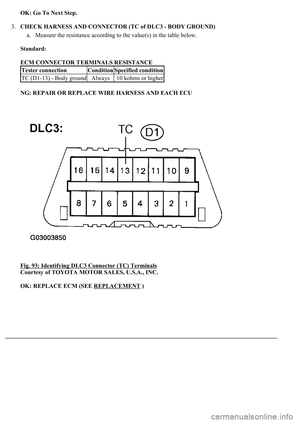 LEXUS LS430 2003  Factory Repair Manual OK: Go To Next Step. 
3.CHECK HARNESS AND CONNECTOR (TC of DLC3 - BODY GROUND) 
a. Measure the resistance according to the value(s) in the table below.  
Standard:  
ECM CONNECTOR TERMINALS RESISTANCE