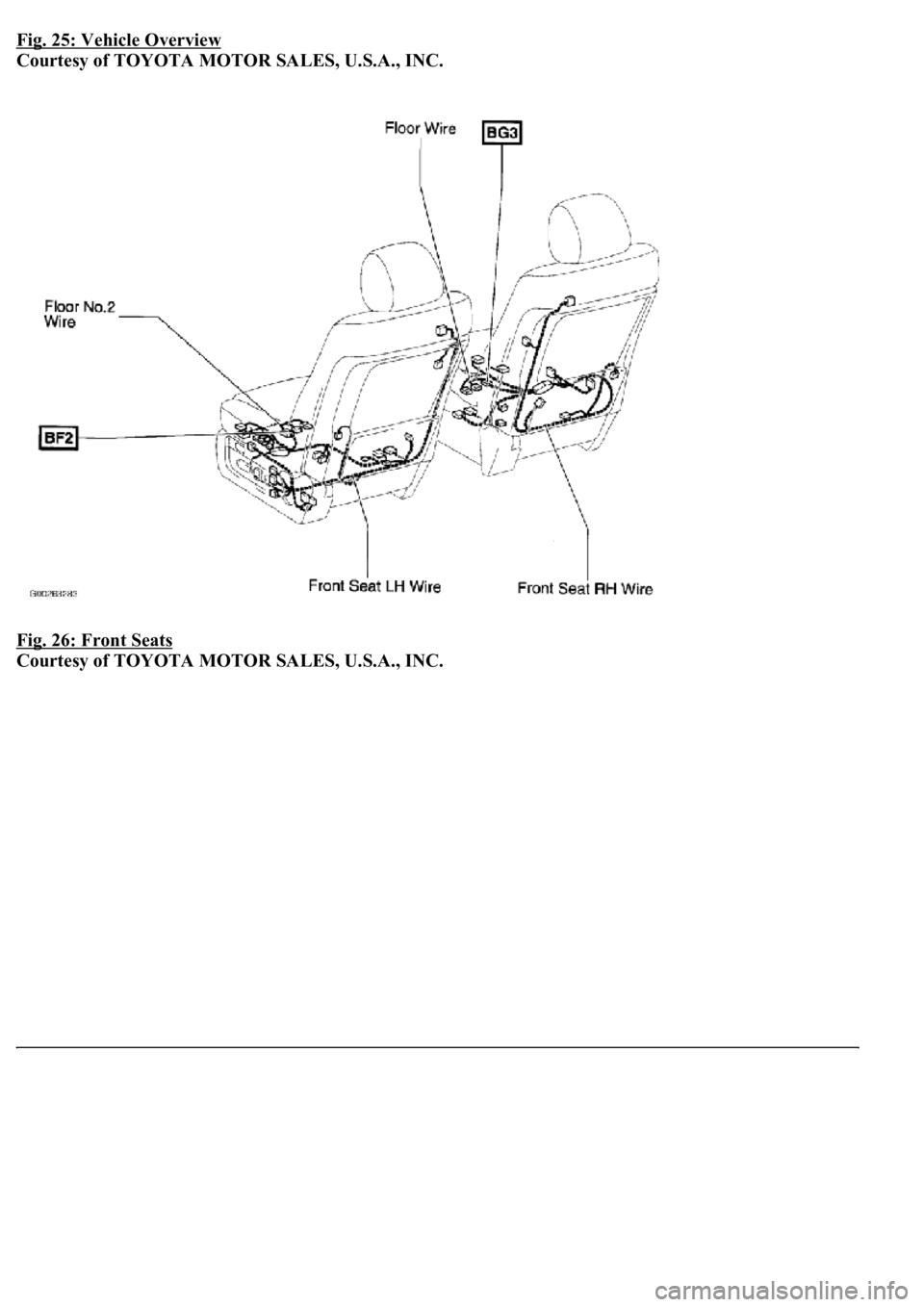 LEXUS LS430 2003  Factory Repair Manual Fig. 25: Vehicle Overview 
Courtesy of TOYOTA MOTOR SALES, U.S.A., INC. 
Fig. 26: Front Seats
 
Courtesy of TOYOTA MOTOR SALES, U.S.A., INC. 