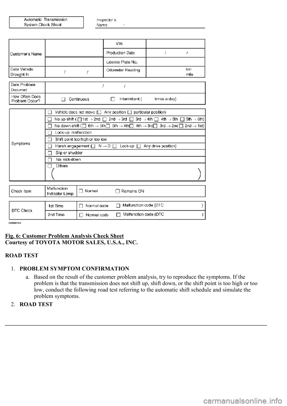 LEXUS LS430 2003 Factory Repair Manual Fig. 6: Customer Problem Analysis Check Sheet
Courtesy of TOYOTA MOTOR SALES, U.S.A., INC.
ROAD TEST
1.PROBLEM SYMPTOM CONFIRMATION
a. Based on the result of the customer problem analysis, try to LEXUS LS430 2003 Factory Repair Manual Fig. 6: Customer Problem Analysis Check Sheet
Courtesy of TOYOTA MOTOR SALES, U.S.A., INC.
ROAD TEST
1.PROBLEM SYMPTOM CONFIRMATION
a. Based on the result of the customer problem analysis, try to
