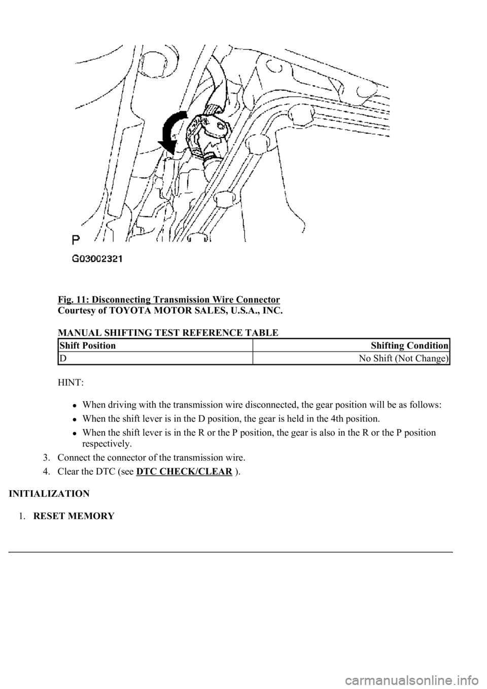 LEXUS LS430 2003  Factory Repair Manual Fig. 11: Disconnecting Transmission Wire Connector 
Courtesy of TOYOTA MOTOR SALES, U.S.A., INC. 
MANUAL SHIFTING TEST REFERENCE TABLE 
HINT: 
When driving with the transmission wire disconnected, the