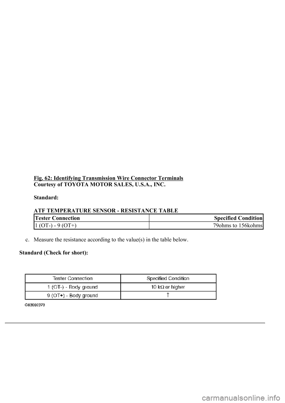 LEXUS LS430 2003 Factory Repair Manual Fig. 62: Identifying Transmission Wire Connector Terminals
Courtesy of TOYOTA MOTOR SALES, U.S.A., INC.
Standard:
ATF TEMPERATURE SENSOR - RESISTANCE TABLE
c. Measure the resistance according to LEXUS LS430 2003 Factory Repair Manual Fig. 62: Identifying Transmission Wire Connector Terminals
Courtesy of TOYOTA MOTOR SALES, U.S.A., INC.
Standard:
ATF TEMPERATURE SENSOR - RESISTANCE TABLE
c. Measure the resistance according to