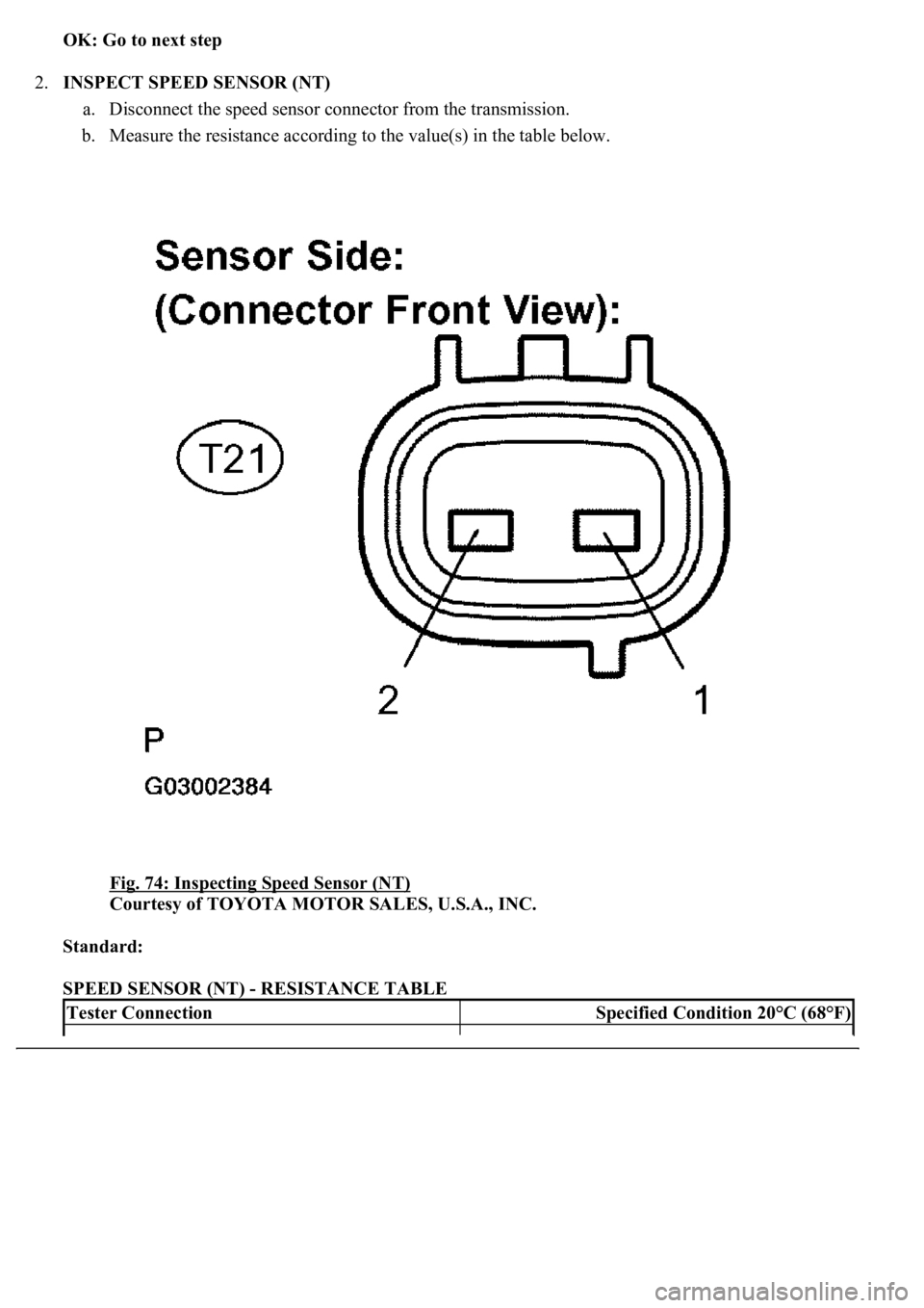 LEXUS LS430 2003 Factory Repair Manual OK: Go to next step
2.INSPECT SPEED SENSOR (NT)
a. Disconnect the speed sensor connector from the transmission.
b. Measure the resistance according to the value(s) in the table below.
Fig. 74: I LEXUS LS430 2003 Factory Repair Manual OK: Go to next step
2.INSPECT SPEED SENSOR (NT)
a. Disconnect the speed sensor connector from the transmission.
b. Measure the resistance according to the value(s) in the table below.
Fig. 74: I