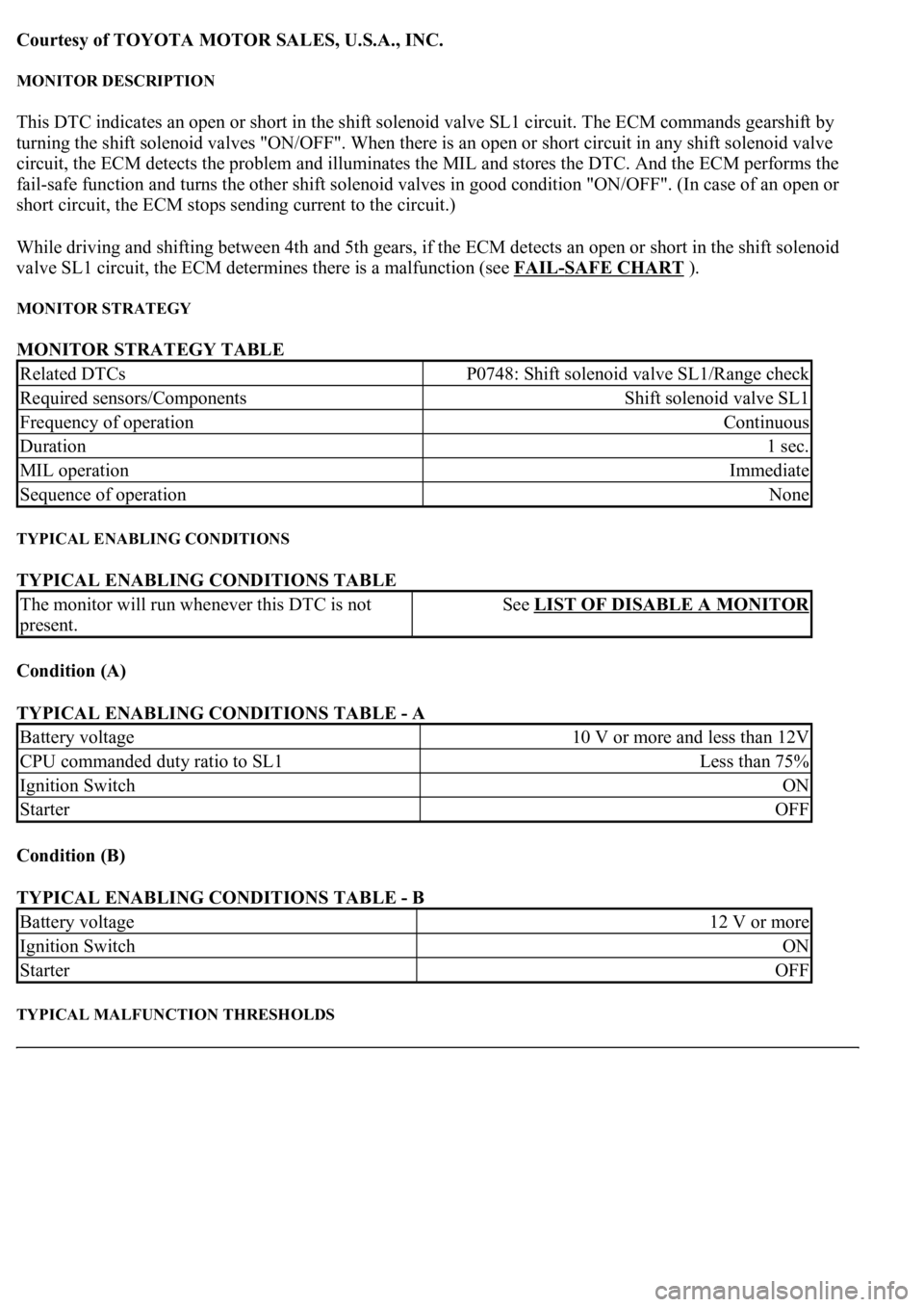 LEXUS LS430 2003 Factory Repair Manual Courtesy of TOYOTA MOTOR SALES, U.S.A., INC.
MONITOR DESCRIPTION
This DTC indicates an open or short in the shift solenoid valve SL1 circuit. The ECM commands gearshift by
turning the shift solenoid LEXUS LS430 2003 Factory Repair Manual Courtesy of TOYOTA MOTOR SALES, U.S.A., INC.
MONITOR DESCRIPTION
This DTC indicates an open or short in the shift solenoid valve SL1 circuit. The ECM commands gearshift by
turning the shift solenoid