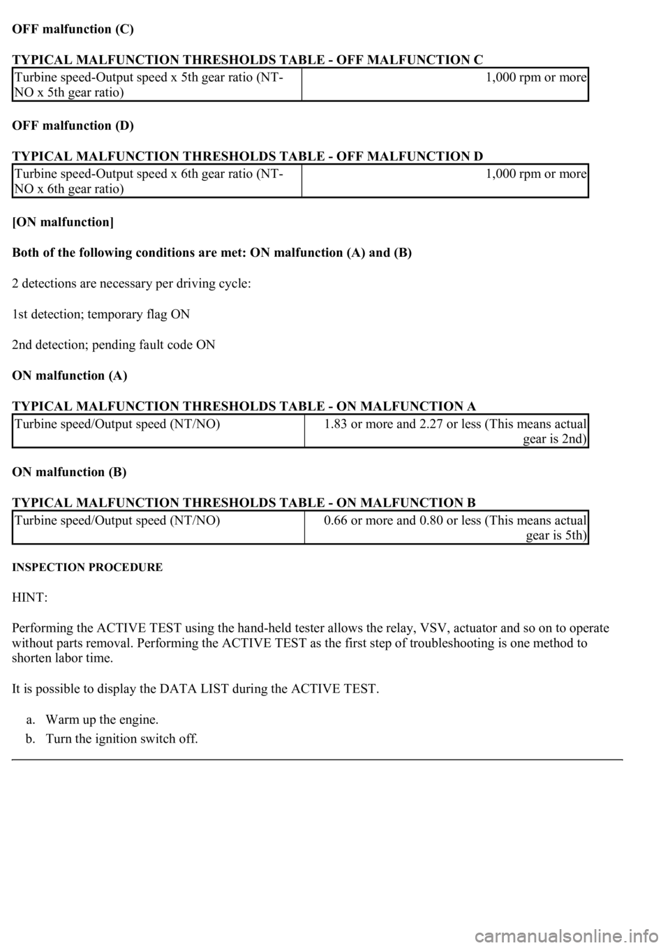 LEXUS LS430 2003  Factory Owners Manual OFF malfunction (C)  
TYPICAL MALFUNCTION THRESHOLDS TABLE - OFF MALFUNCTION C 
OFF malfunction (D)  
TYPICAL MALFUNCTION THRESHOLDS TABLE - OFF MALFUNCTION D 
[ON malfunction]  
Both of the following
