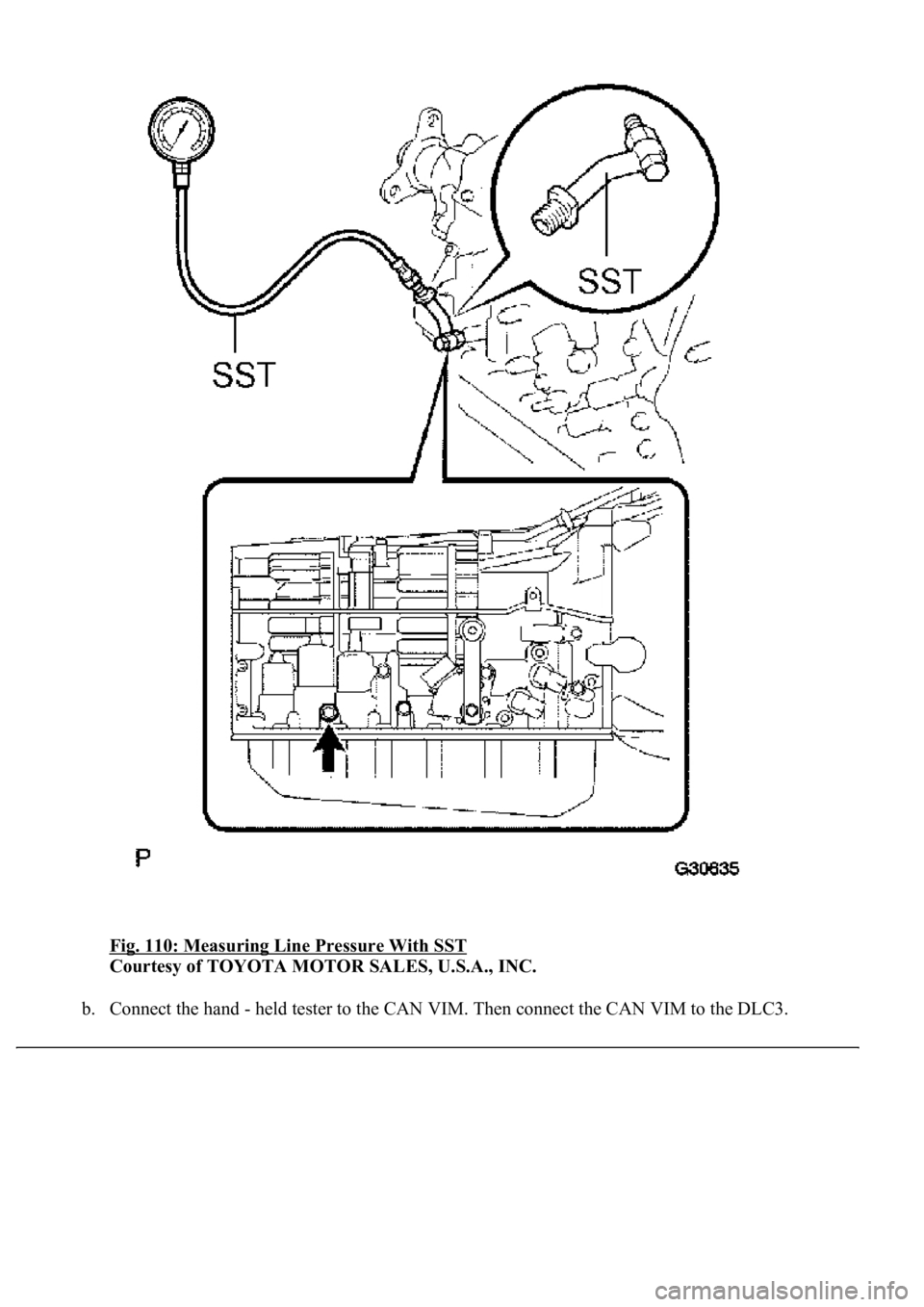 LEXUS LS430 2003 Factory Repair Manual Fig. 110: Measuring Line Pressure With SST
Courtesy of TOYOTA MOTOR SALES, U.S.A., INC.
b. Connect the hand - held tester to the CAN VIM. Then connect the CAN VIM to the DLC3. LEXUS LS430 2003 Factory Repair Manual Fig. 110: Measuring Line Pressure With SST
Courtesy of TOYOTA MOTOR SALES, U.S.A., INC.
b. Connect the hand - held tester to the CAN VIM. Then connect the CAN VIM to the DLC3.