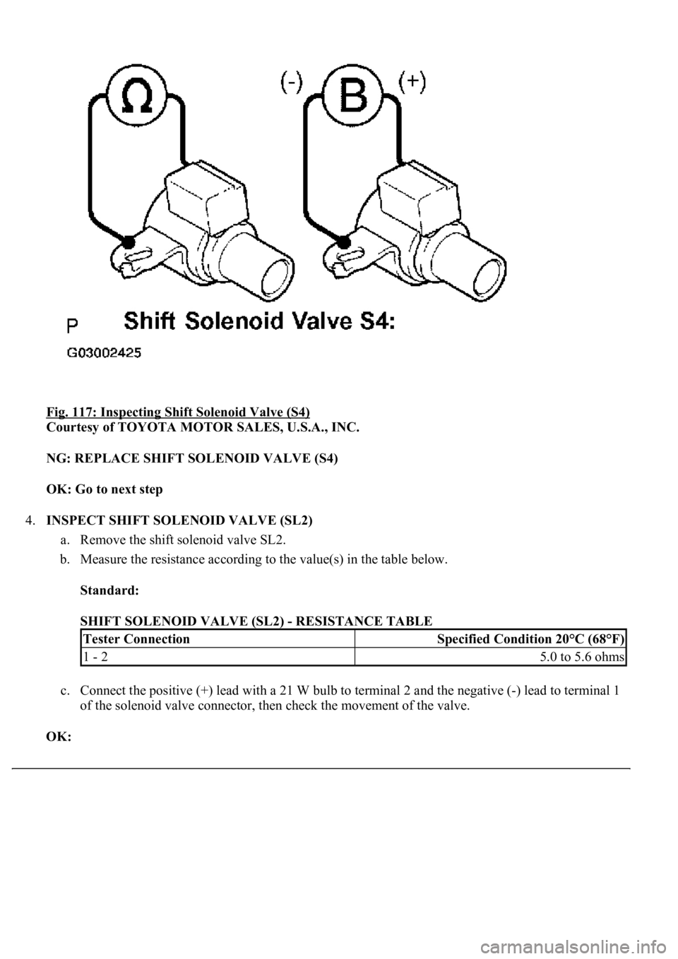 LEXUS LS430 2003 Factory Repair Manual Fig. 117: Inspecting Shift Solenoid Valve (S4)
Courtesy of TOYOTA MOTOR SALES, U.S.A., INC.
NG: REPLACE SHIFT SOLENOID VALVE (S4)
OK: Go to next step
4.INSPECT SHIFT SOLENOID VALVE (SL2)
a. Rem LEXUS LS430 2003 Factory Repair Manual Fig. 117: Inspecting Shift Solenoid Valve (S4)
Courtesy of TOYOTA MOTOR SALES, U.S.A., INC.
NG: REPLACE SHIFT SOLENOID VALVE (S4)
OK: Go to next step
4.INSPECT SHIFT SOLENOID VALVE (SL2)
a. Rem