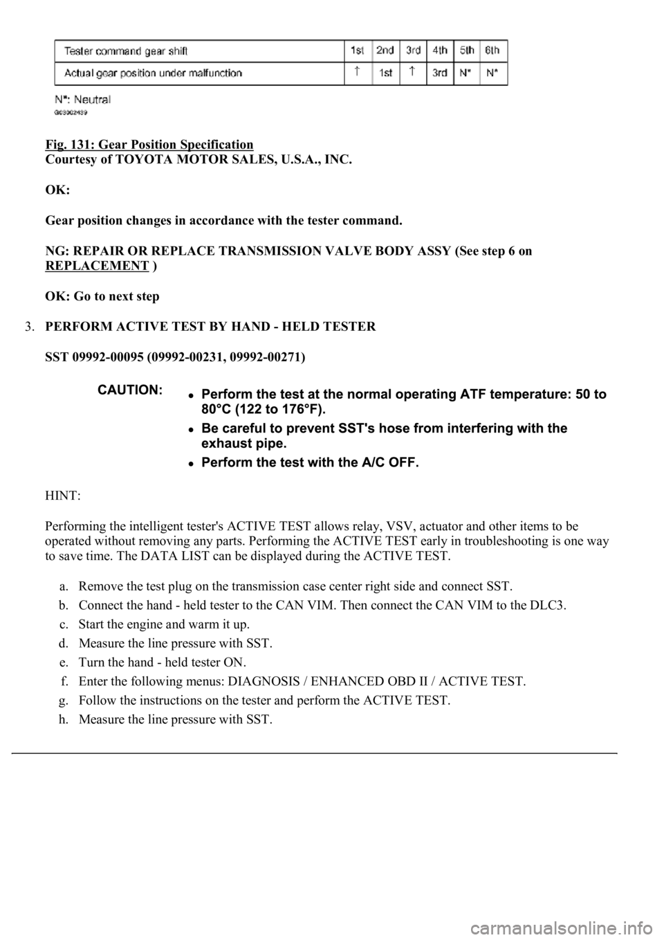 LEXUS LS430 2003 Factory Repair Manual Fig. 131: Gear Position Specification
Courtesy of TOYOTA MOTOR SALES, U.S.A., INC.
OK:
Gear position changes in accordance with the tester command.
NG: REPAIR OR REPLACE TRANSMISSION VALVE BODY LEXUS LS430 2003 Factory Repair Manual Fig. 131: Gear Position Specification
Courtesy of TOYOTA MOTOR SALES, U.S.A., INC.
OK:
Gear position changes in accordance with the tester command.
NG: REPAIR OR REPLACE TRANSMISSION VALVE BODY
