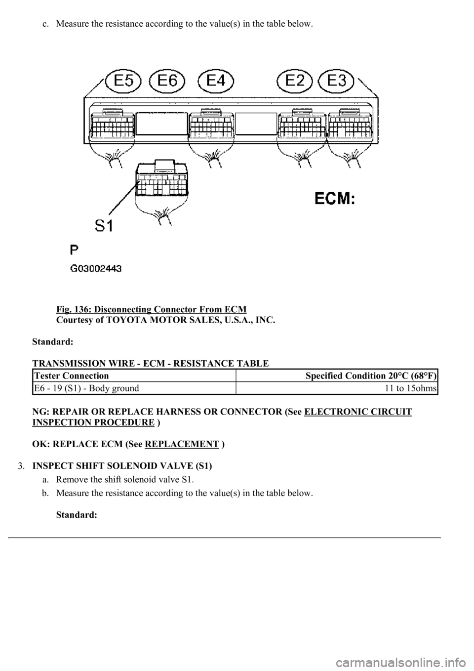 LEXUS LS430 2003 Factory Repair Manual c. Measure the resistance according to the value(s) in the table below.
Fig. 136: Disconnecting Connector From ECM
Courtesy of TOYOTA MOTOR SALES, U.S.A., INC.
Standard:
TRANSMISSION WIRE - ECM LEXUS LS430 2003 Factory Repair Manual c. Measure the resistance according to the value(s) in the table below.
Fig. 136: Disconnecting Connector From ECM
Courtesy of TOYOTA MOTOR SALES, U.S.A., INC.
Standard:
TRANSMISSION WIRE - ECM