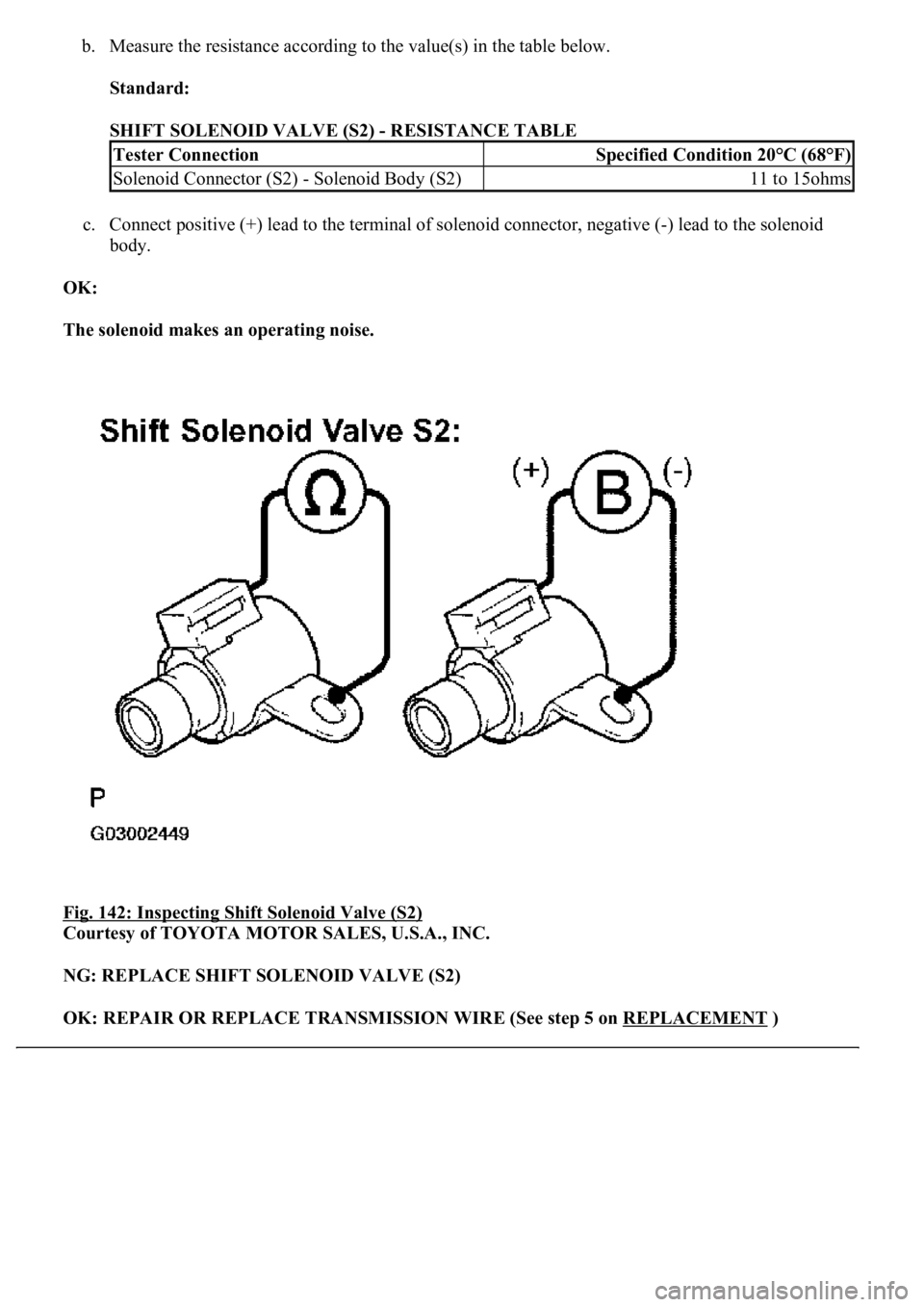 LEXUS LS430 2003 Factory Repair Manual b. Measure the resistance according to the value(s) in the table below.
Standard:
SHIFT SOLENOID VALVE (S2) - RESISTANCE TABLE
c. Connect positive (+) lead to the terminal of solenoid connector, n LEXUS LS430 2003 Factory Repair Manual b. Measure the resistance according to the value(s) in the table below.
Standard:
SHIFT SOLENOID VALVE (S2) - RESISTANCE TABLE
c. Connect positive (+) lead to the terminal of solenoid connector, n