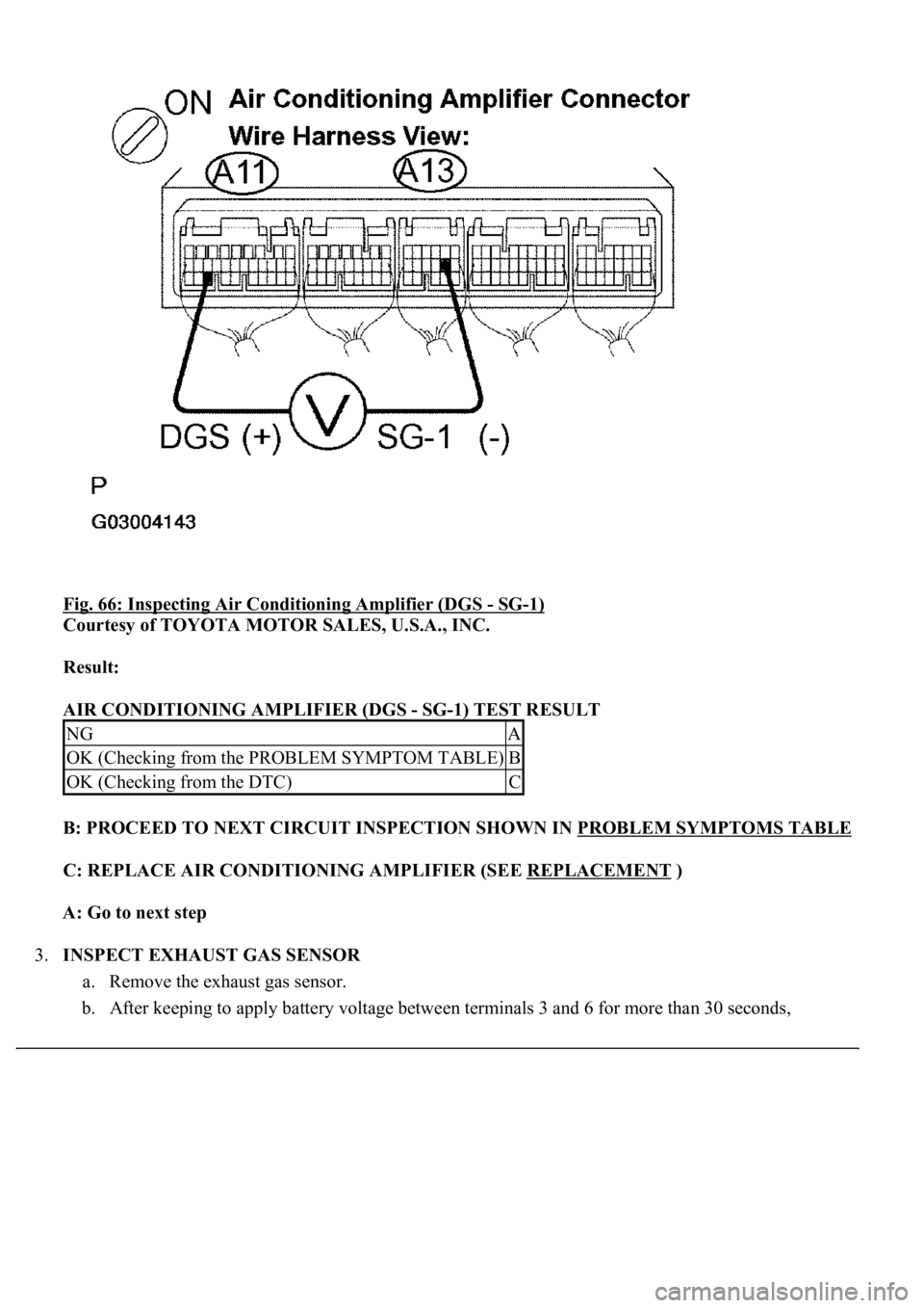 LEXUS LS430 2003  Factory Repair Manual Fig. 66: Inspecting Air Conditioning Amplifier (DGS - SG-1) 
Courtesy of TOYOTA MOTOR SALES, U.S.A., INC. 
Result:  
AIR CONDITIONING AMPLIFIER (DGS - SG-1) TEST RESULT 
B: PROCEED TO NEXT CIRCUIT INS