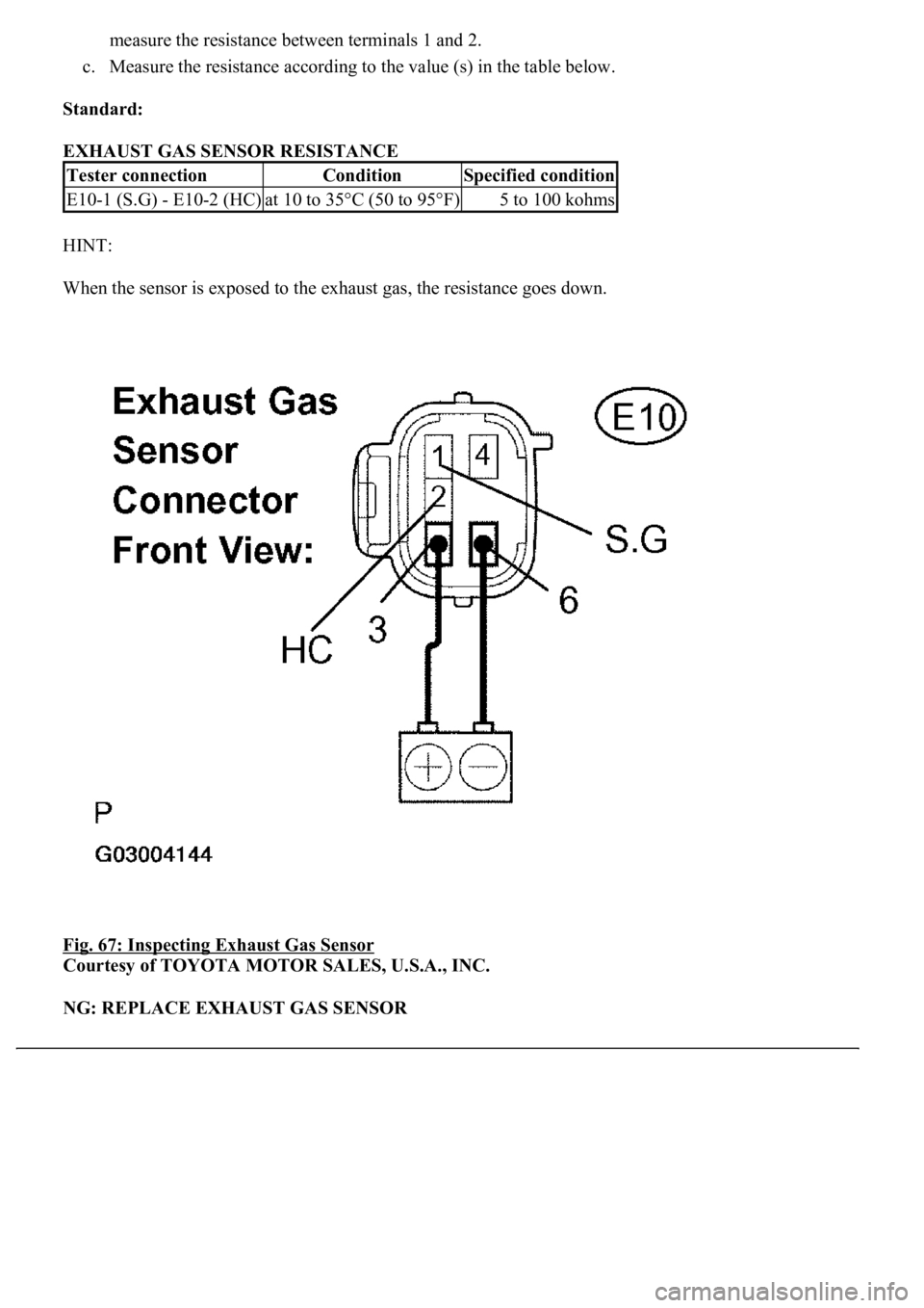LEXUS LS430 2003  Factory Repair Manual measure the resistance between terminals 1 and 2. 
c. Measure the resistance according to the value (s) in the table below.  
Standard:  
EXHAUST GAS SENSOR RESISTANCE 
HINT: 
<003a004b004800510003005