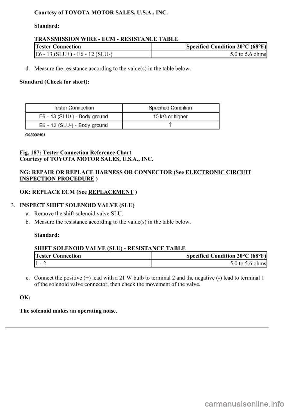 LEXUS LS430 2003 Factory Repair Manual Courtesy of TOYOTA MOTOR SALES, U.S.A., INC.
Standard:
TRANSMISSION WIRE - ECM - RESISTANCE TABLE
d. Measure the resistance according to the value(s) in the table below.
Standard (Check for short LEXUS LS430 2003 Factory Repair Manual Courtesy of TOYOTA MOTOR SALES, U.S.A., INC.
Standard:
TRANSMISSION WIRE - ECM - RESISTANCE TABLE
d. Measure the resistance according to the value(s) in the table below.
Standard (Check for short