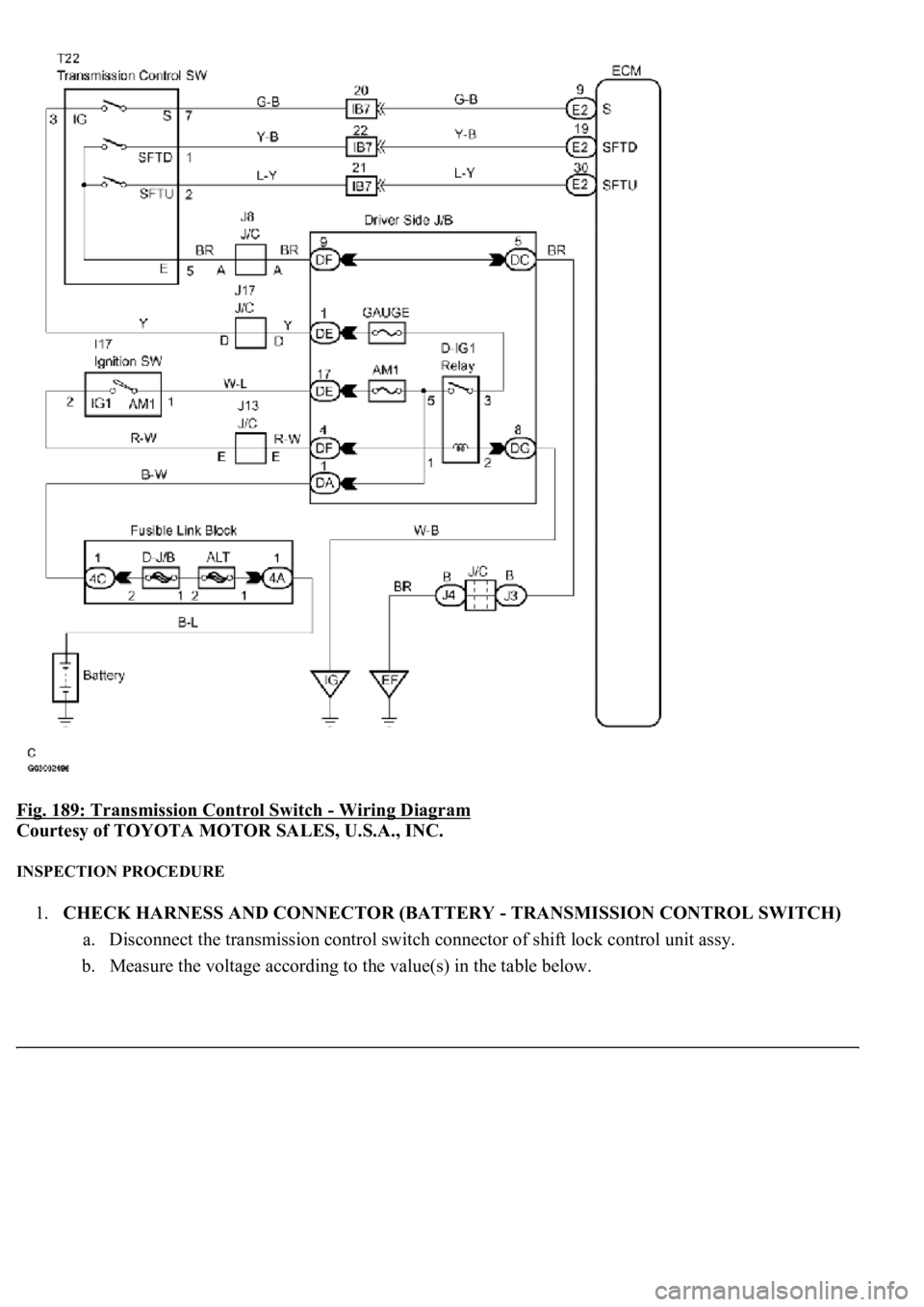 LEXUS LS430 2003  Factory Repair Manual Fig. 189: Transmission Control Switch - Wiring Diagram 
Courtesy of TOYOTA MOTOR SALES, U.S.A., INC. 
INSPECTION PROCEDURE 
1.CHECK HARNESS AND CONNECTOR (BATTERY - TRANSMISSION CONTROL SWITCH) 
a. Di