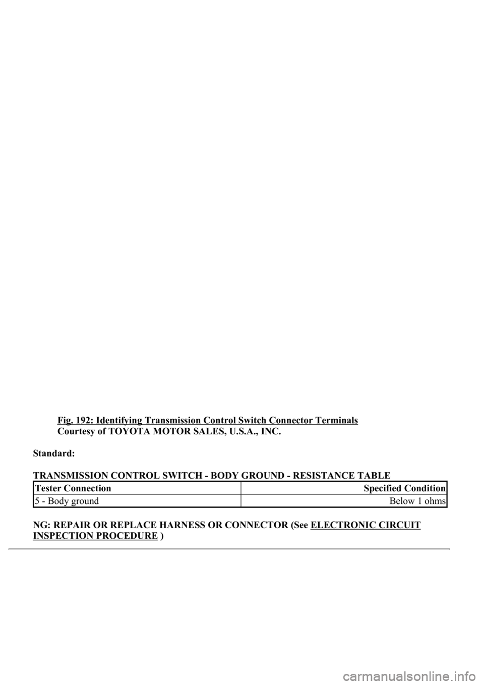 LEXUS LS430 2003  Factory Repair Manual Fig. 192: Identifying Transmission Control Switch Connector Terminals 
Courtesy of TOYOTA MOTOR SALES, U.S.A., INC. 
Standard:  
TRANSMISSION CONTROL SWITCH - BODY GROUND - RESISTANCE TABLE 
NG: REPAI