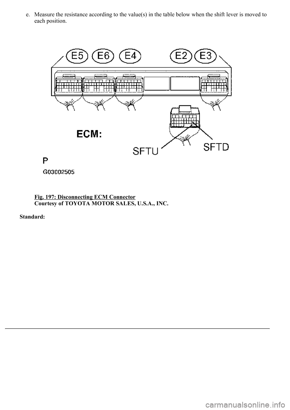 LEXUS LS430 2003  Factory Repair Manual e. Measure the resistance according to the value(s) in the table below when the shift lever is moved to 
each position. 
Fig. 197: Disconnecting ECM Connector
 
Courtesy of TOYOTA MOTOR SALES, U.S.A.,
