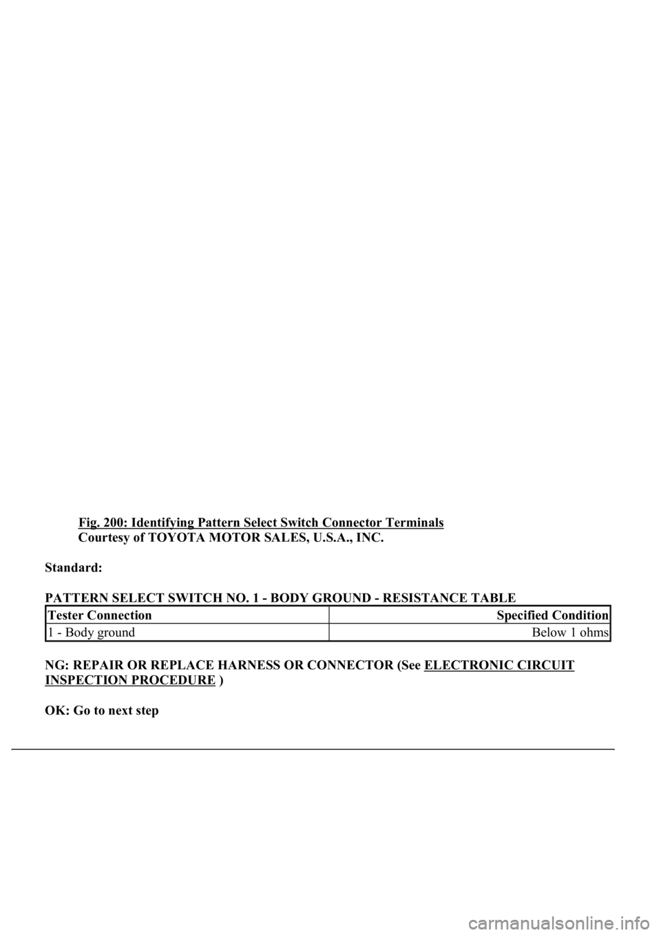 LEXUS LS430 2003  Factory Repair Manual Fig. 200: Identifying Pattern Select Switch Connector Terminals 
Courtesy of TOYOTA MOTOR SALES, U.S.A., INC. 
Standard:  
PATTERN SELECT SWITCH NO. 1 - BODY GROUND - RESISTANCE TABLE 
NG: REPAIR OR R