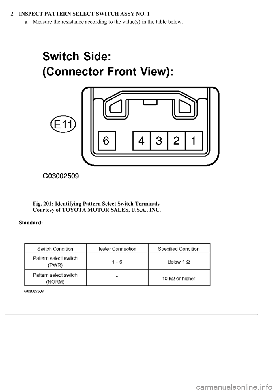 LEXUS LS430 2003  Factory Repair Manual 2.INSPECT PATTERN SELECT SWITCH ASSY NO. 1 
a. Measure the resistance according to the value(s) in the table below. 
Fig. 201: Identifying Pattern Select Switch Terminals
 
Courtesy of TOYOTA MOTOR SA