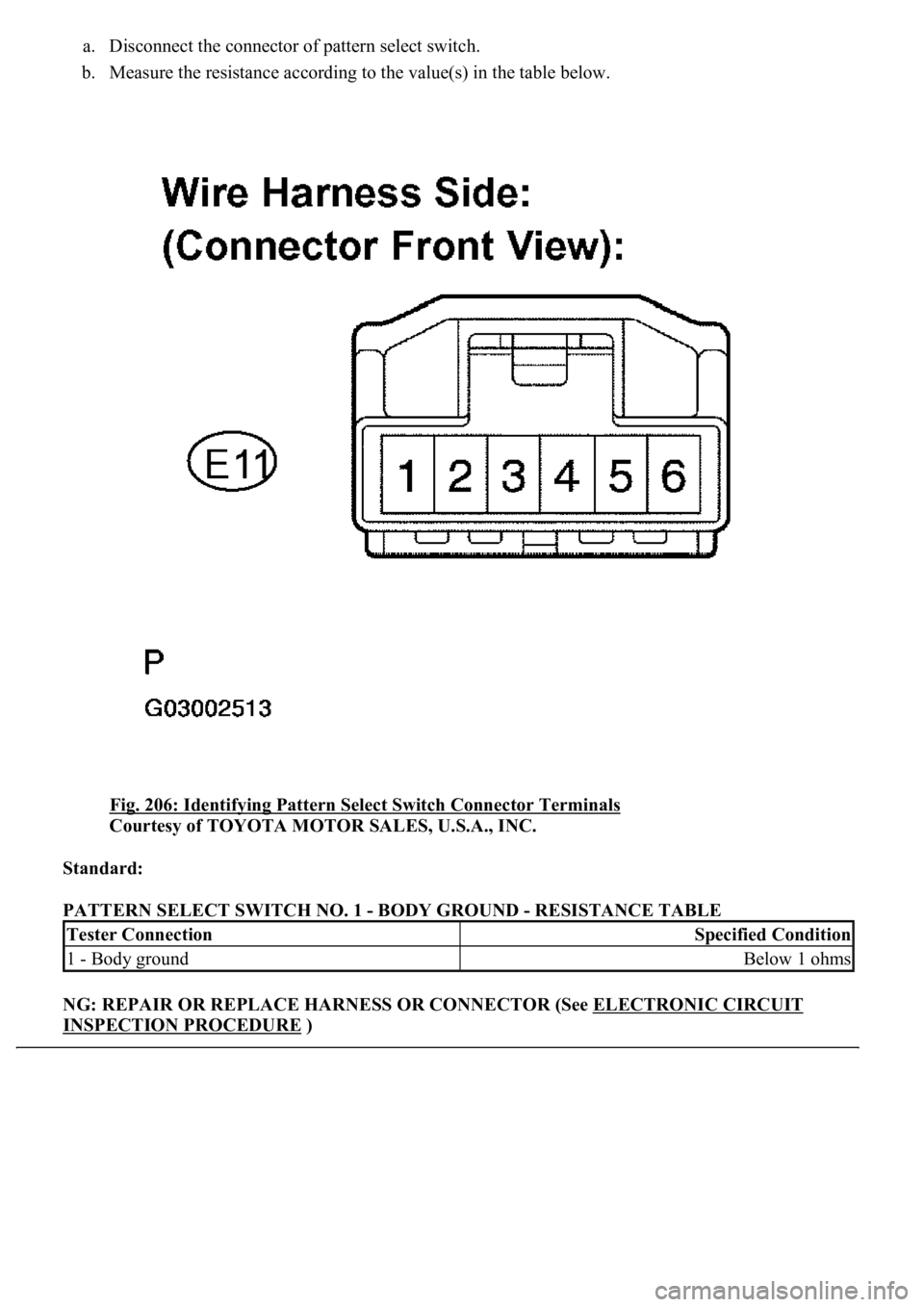 LEXUS LS430 2003  Factory Repair Manual a. Disconnect the connector of pattern select switch.  
b. Measure the resistance according to the value(s) in the table below. 
Fig. 206: Identifying Pattern Select Switch Connector Terminals
 
Court