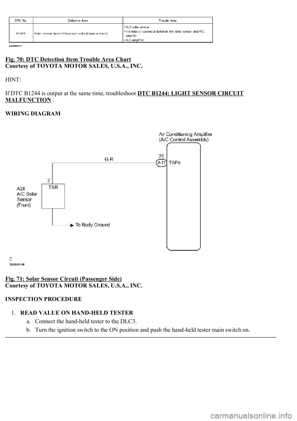 LEXUS LS430 2003  Factory Repair Manual Fig. 70: DTC Detection Item Trouble Area Chart 
Courtesy of TOYOTA MOTOR SALES, U.S.A., INC. 
HINT: 
If DTC B1244 is output at the same time, troubleshoot DTC B1244: LIGHT SENSOR CIRCUIT 
MALFUNCTION 