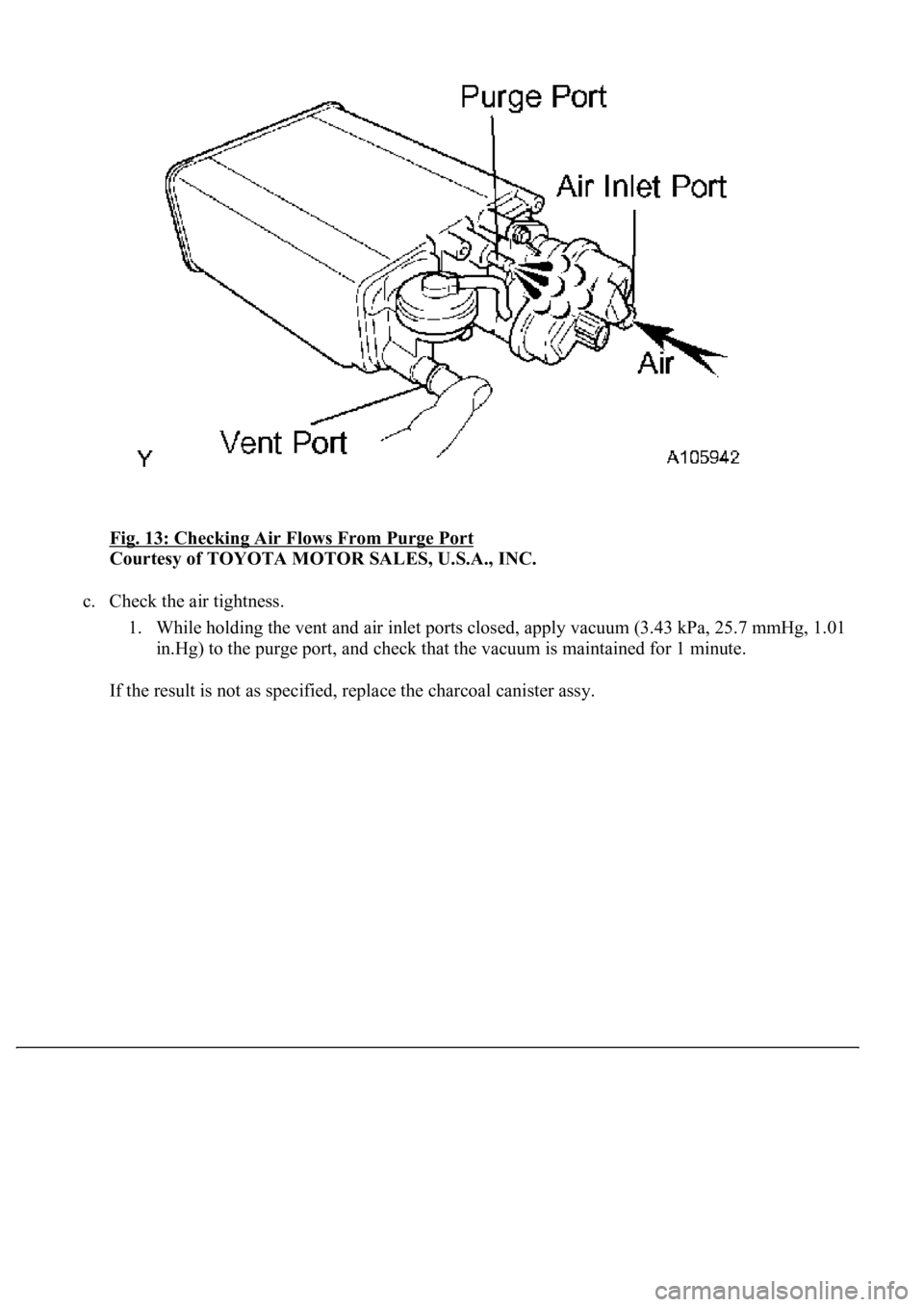 LEXUS LS430 2003  Factory Repair Manual Fig. 13: Checking Air Flows From Purge Port 
Courtesy of TOYOTA MOTOR SALES, U.S.A., INC. 
c. Check the air tightness. 
1. While holding the vent and air inlet ports closed, apply vacuum (3.43 kPa, 25