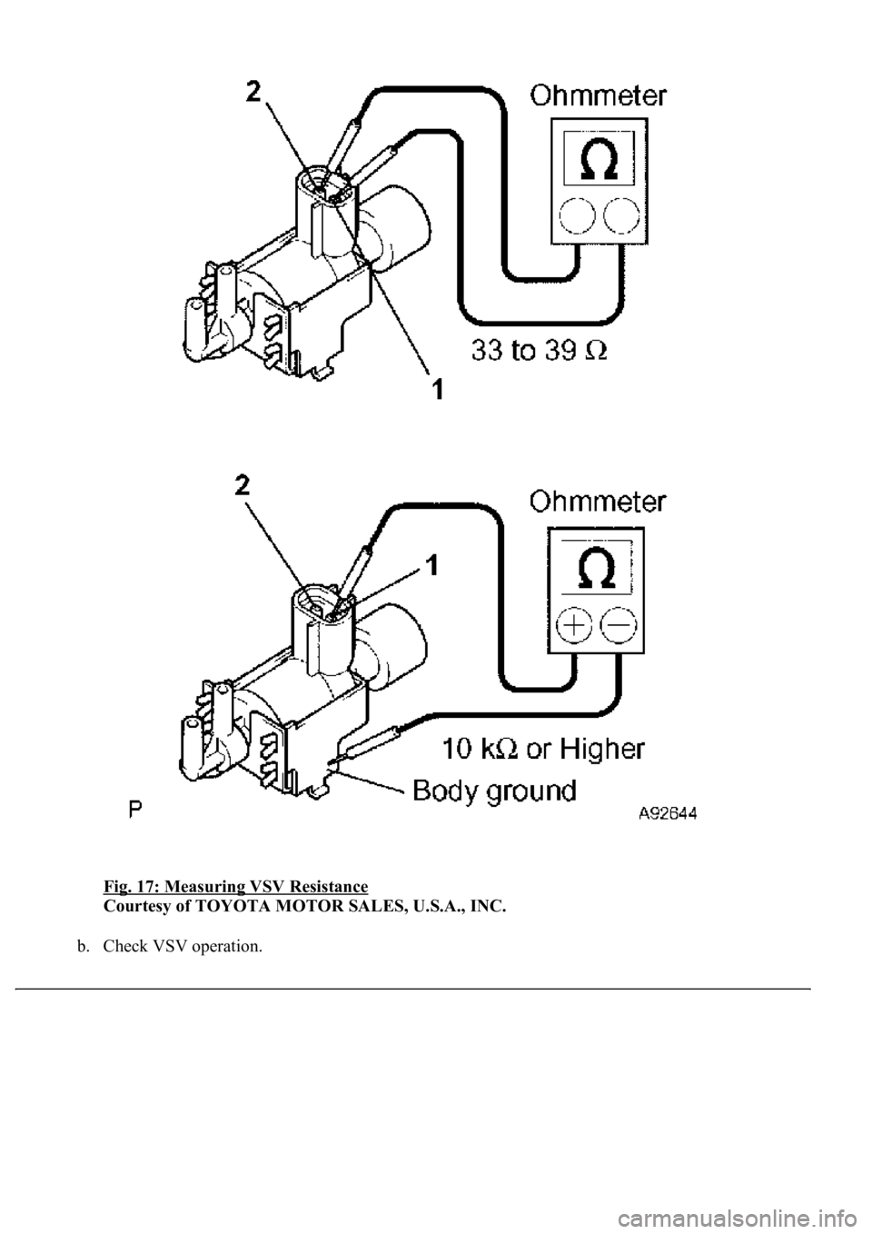 LEXUS LS430 2003  Factory Repair Manual Fig. 17: Measuring VSV Resistance 
Courtesy of TOYOTA MOTOR SALES, U.S.A., INC. 
b. Check VSV operation.  