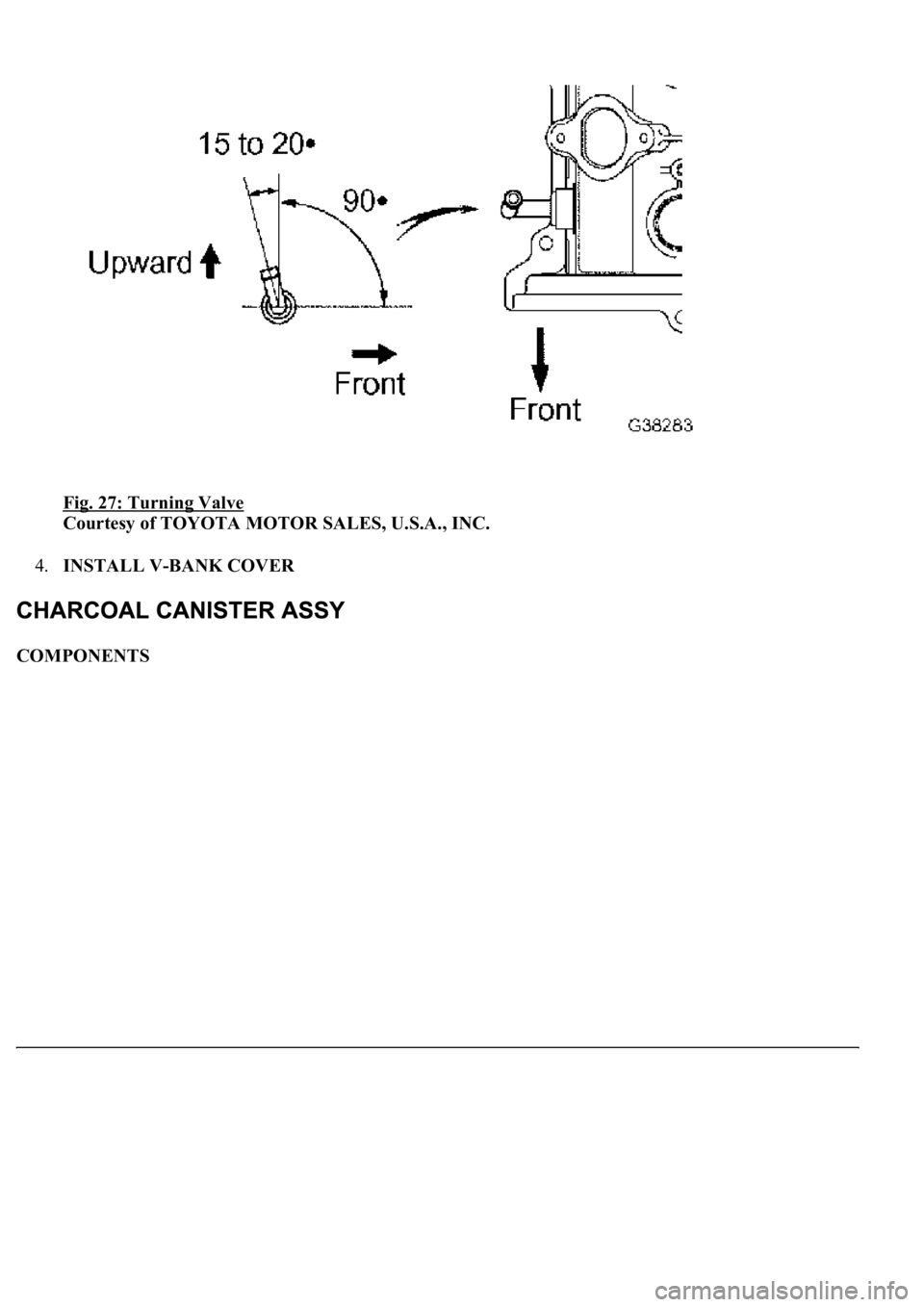 LEXUS LS430 2003  Factory Repair Manual Fig. 27: Turning Valve 
Courtesy of TOYOTA MOTOR SALES, U.S.A., INC. 
4.INSTALL V-BANK COVER  
COMPONENTS  
