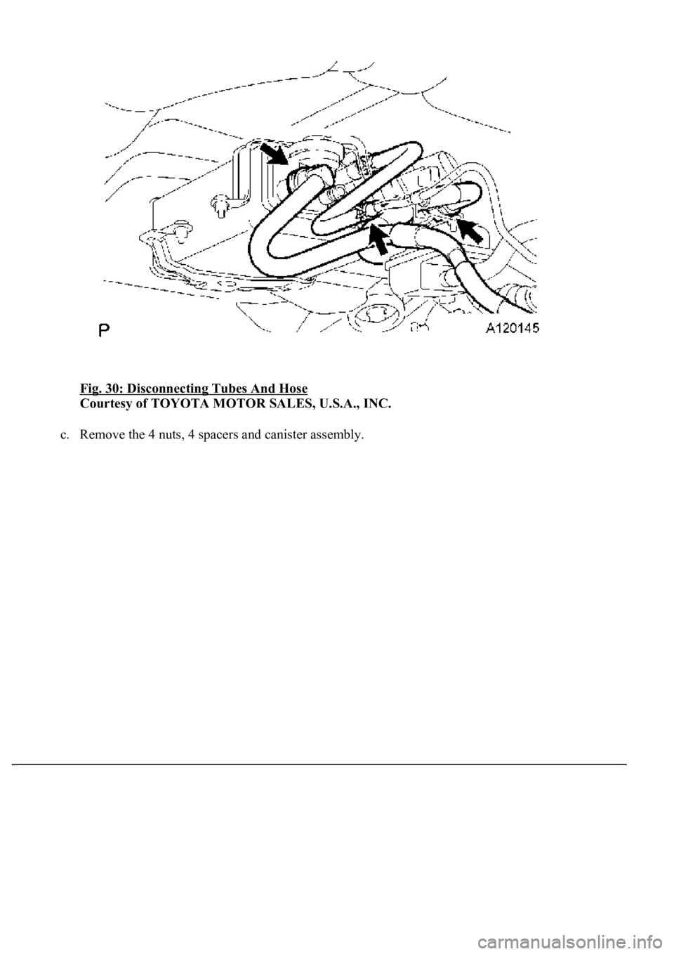 LEXUS LS430 2003  Factory Repair Manual Fig. 30: Disconnecting Tubes And Hose 
Courtesy of TOYOTA MOTOR SALES, U.S.A., INC. 
c. Remove the 4 nuts, 4 spacers and canister assembly.  
