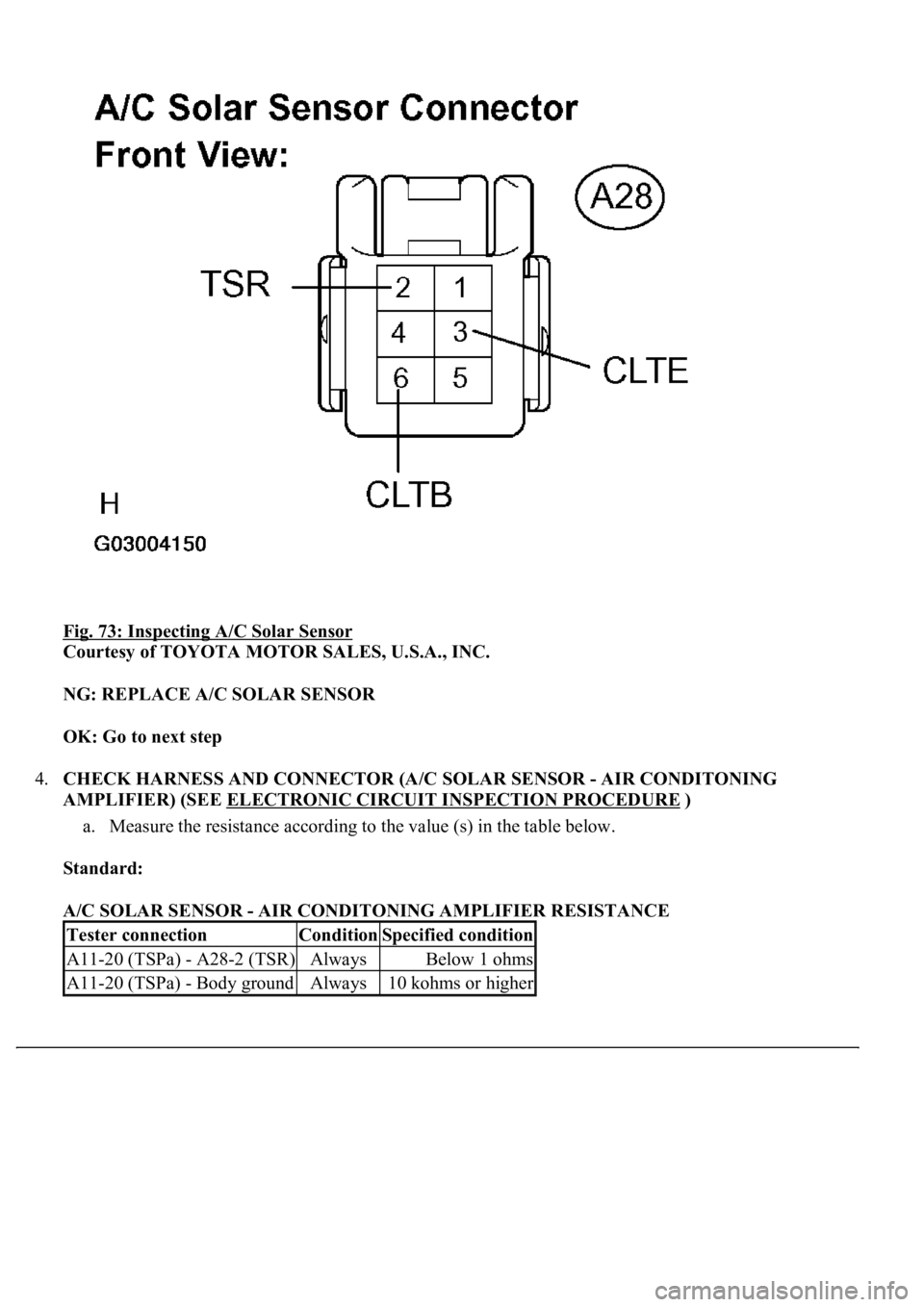 LEXUS LS430 2003  Factory Repair Manual Fig. 73: Inspecting A/C Solar Sensor 
Courtesy of TOYOTA MOTOR SALES, U.S.A., INC. 
NG: REPLACE A/C SOLAR SENSOR  
OK: Go to next step  
4.CHECK HARNESS AND CONNECTOR (A/C SOLAR SENSOR - AIR CONDITONI