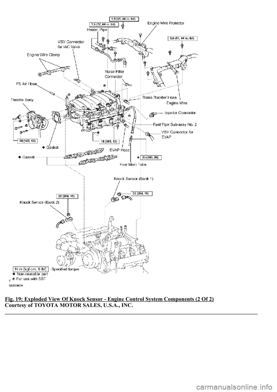 LEXUS LS430 2003  Factory Repair Manual Fig. 19: Exploded View Of Knock Sensor - Engine Control System Components (2 Of 2) 
Courtesy of TOYOTA MOTOR SALES, U.S.A., INC. 