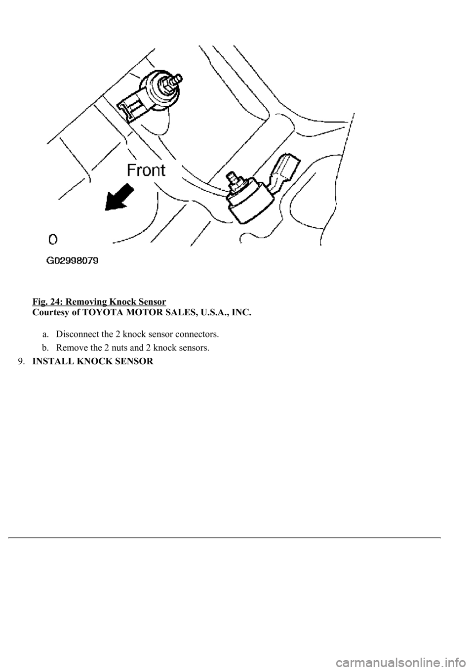 LEXUS LS430 2003  Factory Repair Manual Fig. 24: Removing Knock Sensor 
Courtesy of TOYOTA MOTOR SALES, U.S.A., INC. 
a. Disconnect the 2 knock sensor connectors.  
b. Remove the 2 nuts and 2 knock sensors.  
9.INSTALL KNOCK SENSOR  