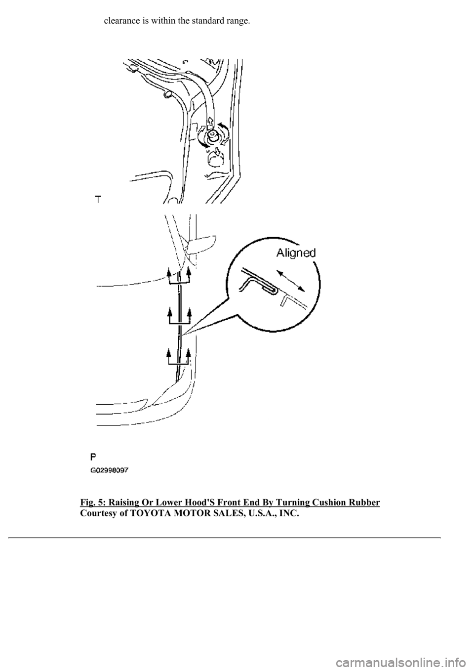 LEXUS LS430 2003  Factory Repair Manual clearance is within the standard range. 
Fig. 5: Raising Or Lower Hood'S Front End By Turning Cushion Rubber
 
Courtesy of TOYOTA MOTOR SALES, U.S.A., INC. 