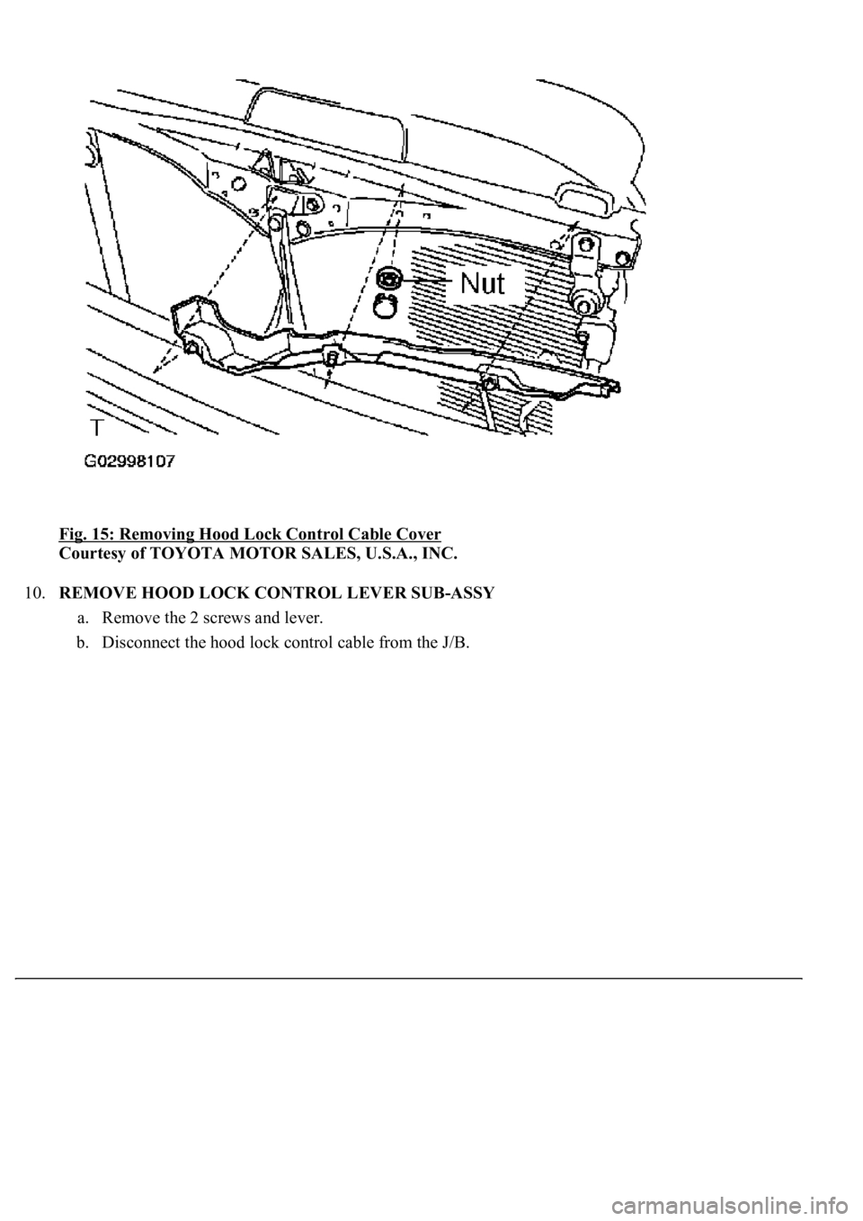 LEXUS LS430 2003  Factory Repair Manual Fig. 15: Removing Hood Lock Control Cable Cover 
Courtesy of TOYOTA MOTOR SALES, U.S.A., INC. 
10.REMOVE HOOD LOCK CONTROL LEVER SUB-ASSY 
a. Remove the 2 screws and lever.  
b. Disconnect the hood lo