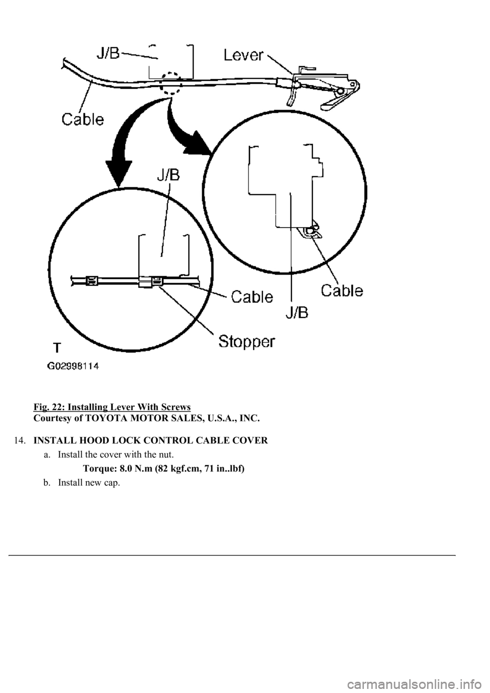 LEXUS LS430 2003  Factory Repair Manual Fig. 22: Installing Lever With Screws 
Courtesy of TOYOTA MOTOR SALES, U.S.A., INC. 
14.INSTALL HOOD LOCK CONTROL CABLE COVER 
a. Install the cover with the nut. 
Torque: 8.0 N.m (82 kgf.cm, 71 in..lb