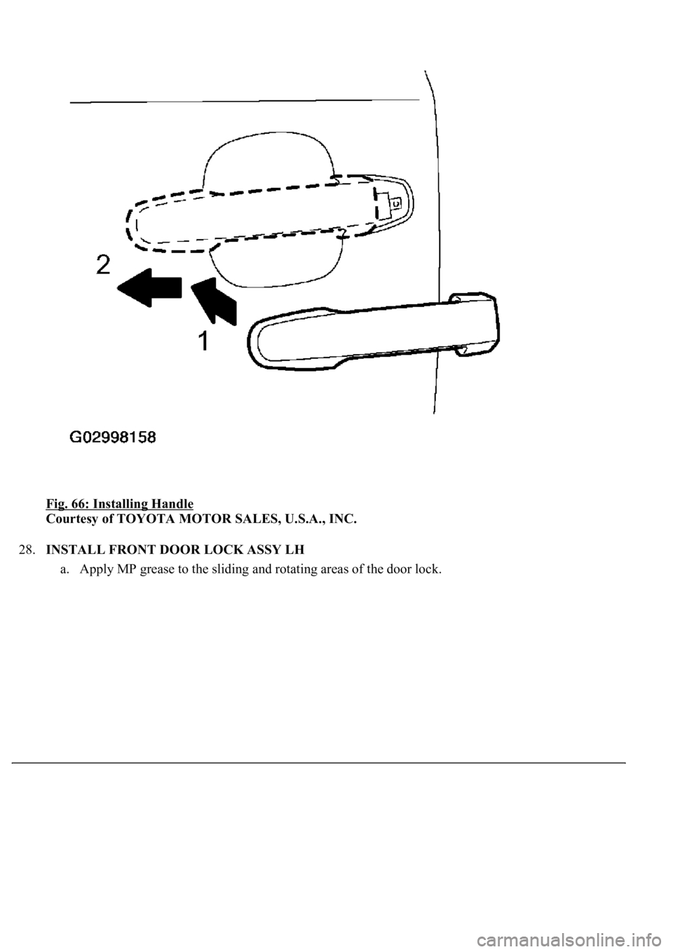 LEXUS LS430 2003  Factory Repair Manual Fig. 66: Installing Handle 
Courtesy of TOYOTA MOTOR SALES, U.S.A., INC. 
28.INSTALL FRONT DOOR LOCK ASSY LH 
a. Appl
y MP grease to the sliding and rotating areas of the door lock.  