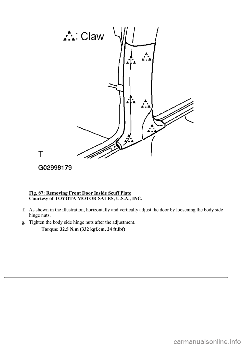 LEXUS LS430 2003  Factory Repair Manual Fig. 87: Removing Front Door Inside Scuff Plate 
Courtesy of TOYOTA MOTOR SALES, U.S.A., INC. 
f. As shown in the illustration, horizontally and vertically adjust the door by loosening the body side 
