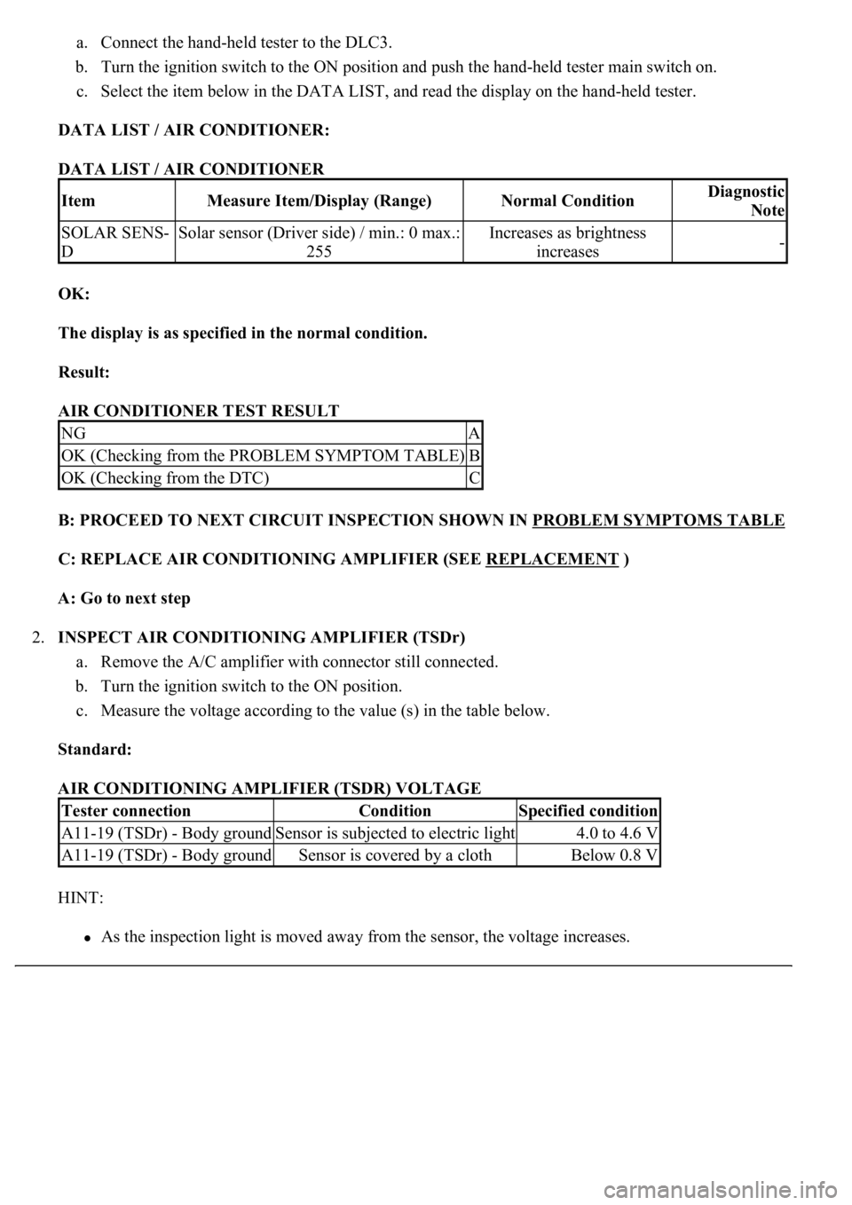 LEXUS LS430 2003 Factory Repair Manual a. Connect the hand-held tester to the DLC3.
b. Turn the ignition switch to the ON position and push the hand-held tester main switch on.
c. Select the item below in the DATA LIST, and read the di LEXUS LS430 2003 Factory Repair Manual a. Connect the hand-held tester to the DLC3.
b. Turn the ignition switch to the ON position and push the hand-held tester main switch on.
c. Select the item below in the DATA LIST, and read the di