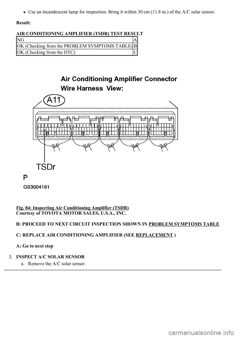 LEXUS LS430 2003  Factory Repair Manual Use an incandescent lamp for inspection. Bring it within 30 cm (11.8 in.) of the A/C solar sensor.  
Result:  
AIR CONDITIONING AMPLIFIER (TSDR) TEST RESULT 
Fig. 84: Inspecting Air Conditioning Ampli