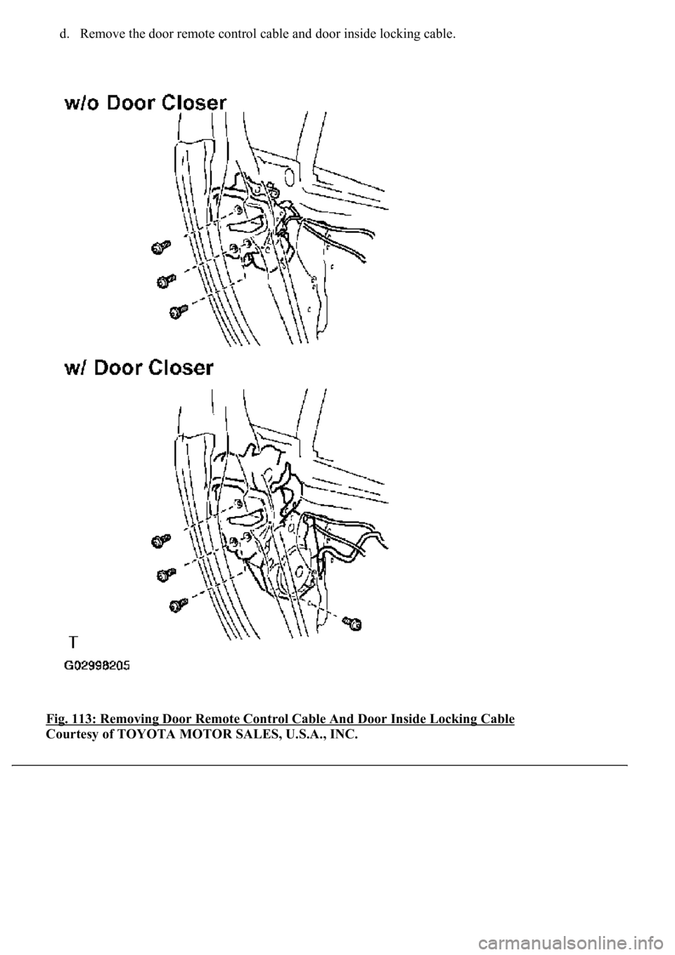 LEXUS LS430 2003  Factory Repair Manual d. Remove the door remote control cable and door inside locking cable.  
Fig. 113: Removing Door Remote Control Cable And Door Inside Locking Cable
 
Courtesy of TOYOTA MOTOR SALES, U.S.A., INC. 