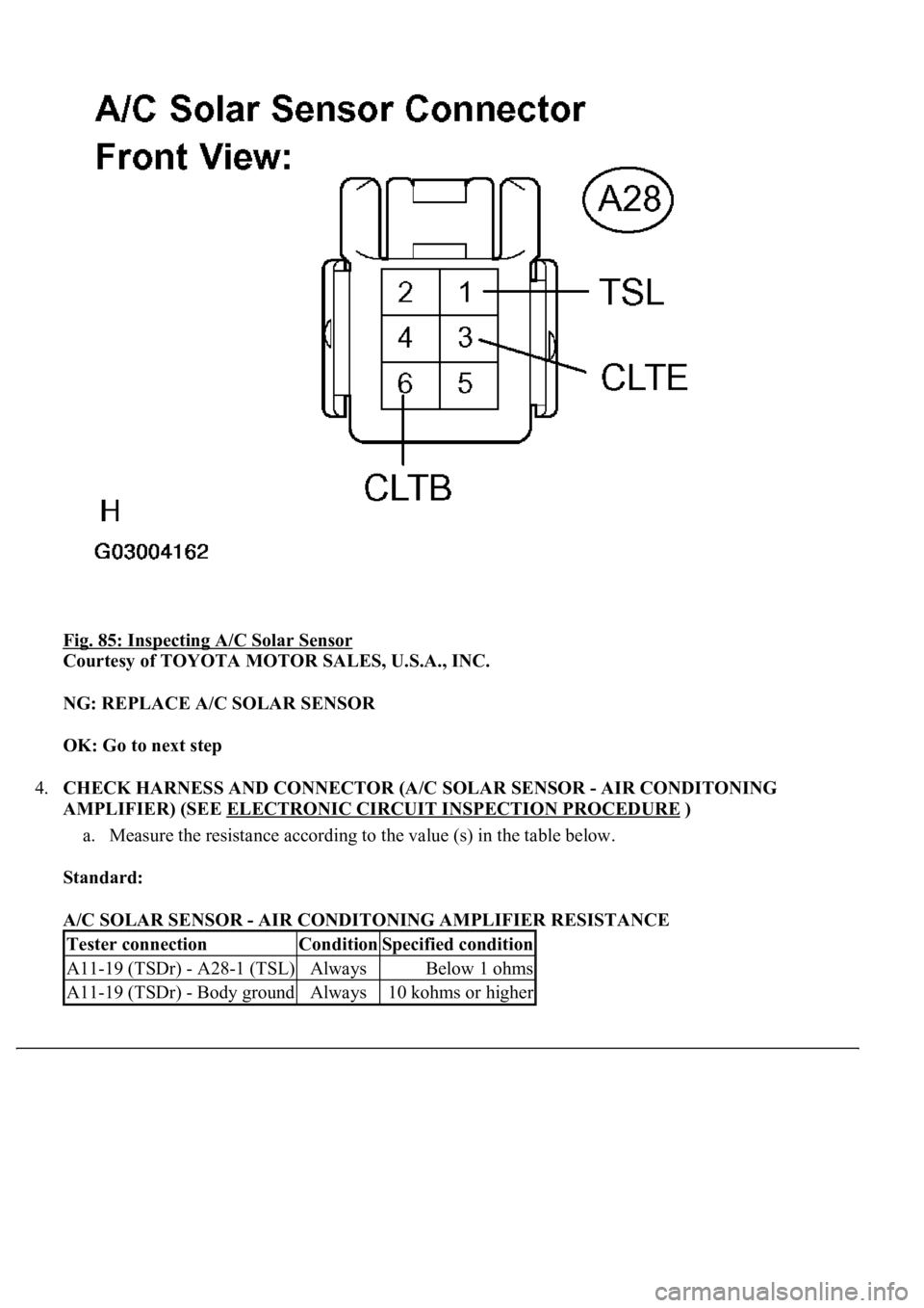 LEXUS LS430 2003  Factory Repair Manual Fig. 85: Inspecting A/C Solar Sensor 
Courtesy of TOYOTA MOTOR SALES, U.S.A., INC. 
NG: REPLACE A/C SOLAR SENSOR  
OK: Go to next step  
4.CHECK HARNESS AND CONNECTOR (A/C SOLAR SENSOR - AIR CONDITONI