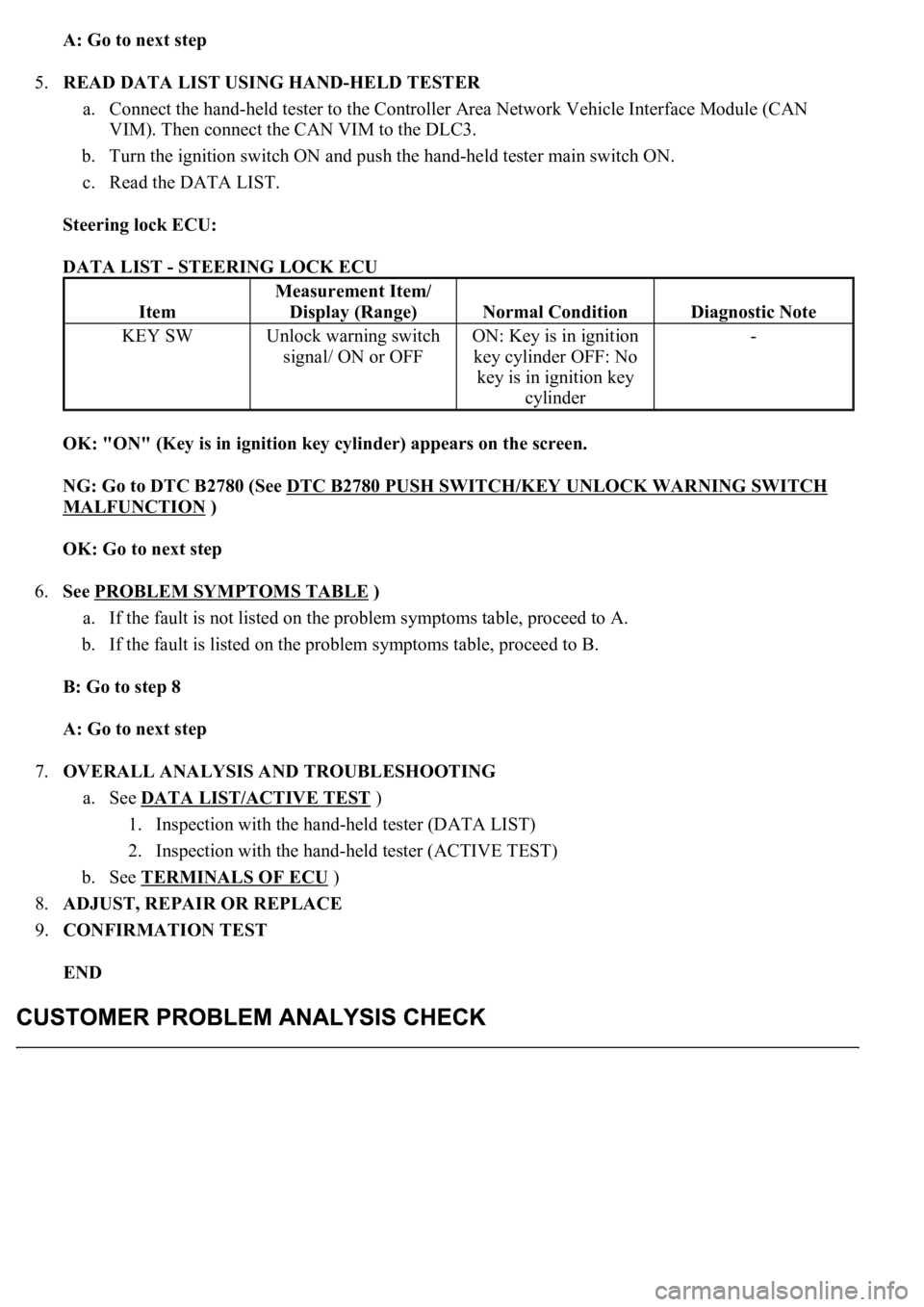 LEXUS LS430 2003 Factory Repair Manual A: Go to next step
5.READ DATA LIST USING HAND-HELD TESTER
a. Connect the hand-held tester to the Controller Area Network Vehicle Interface Module (CAN
VIM). Then connect the CAN VIM to the DLC3. LEXUS LS430 2003 Factory Repair Manual A: Go to next step
5.READ DATA LIST USING HAND-HELD TESTER
a. Connect the hand-held tester to the Controller Area Network Vehicle Interface Module (CAN
VIM). Then connect the CAN VIM to the DLC3.