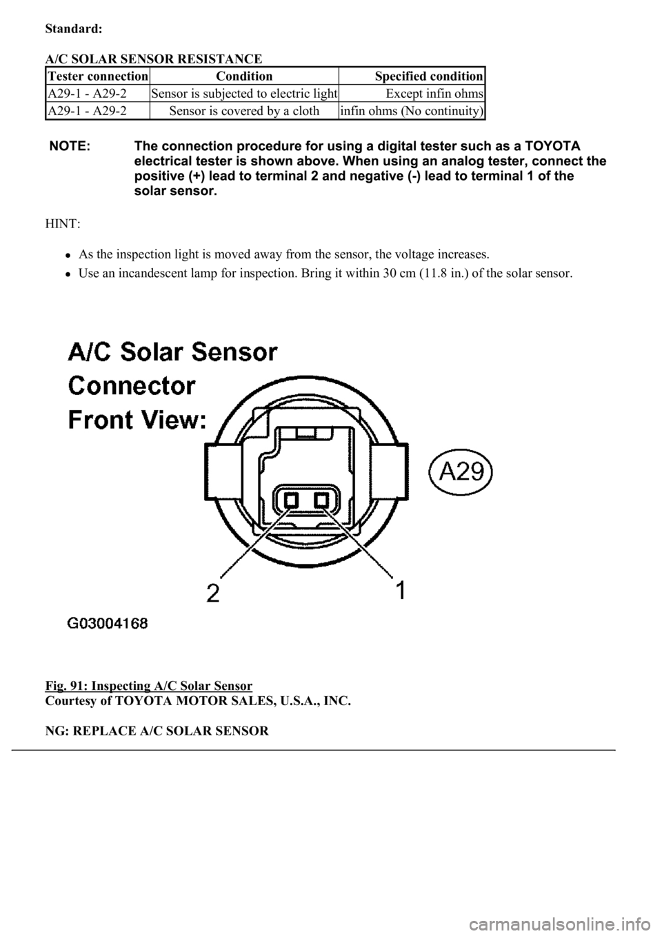 LEXUS LS430 2003  Factory Repair Manual Standard:  
A/C SOLAR SENSOR RESISTANCE 
HINT: 
As the inspection light is moved away from the sensor, the voltage increases.  
Use an incandescent lamp for inspection. Bring it within 30 cm (11.8 in.